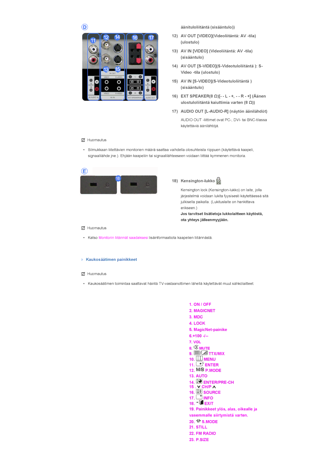 Samsung LS57BPHNB/EDC, LS57BPHNS/EDC, LS57BPPNS/EDC manual Kensington-lukko, Kaukosäätimen painikkeet 