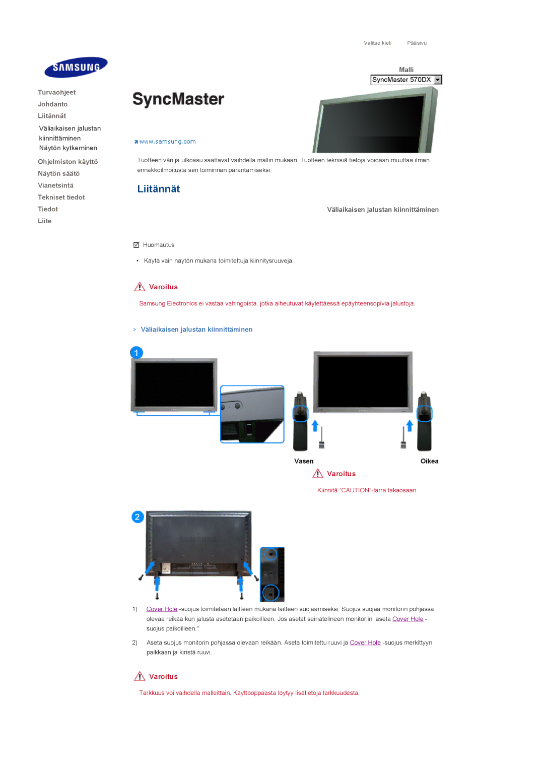 Samsung LS57BPHNB/EDC, LS57BPHNS/EDC manual Turvaohjeet Johdanto Liitännät, Väliaikaisen jalustan kiinnittäminen 