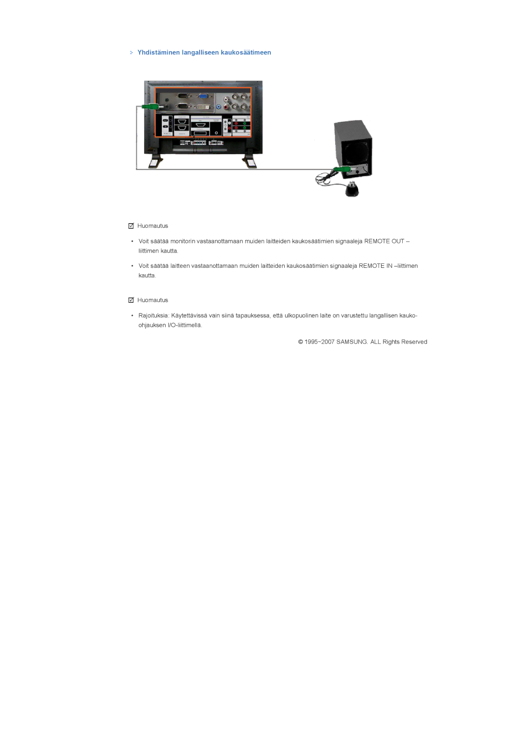 Samsung LS57BPHNB/EDC, LS57BPHNS/EDC, LS57BPPNS/EDC manual Yhdistäminen langalliseen kaukosäätimeen 