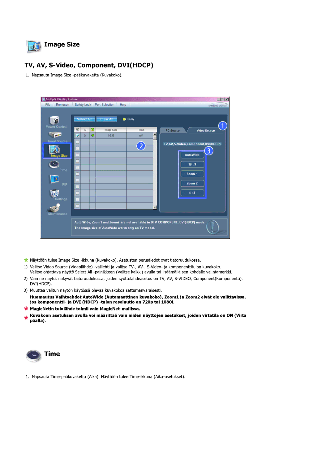 Samsung LS57BPHNS/EDC, LS57BPHNB/EDC, LS57BPPNS/EDC manual Image Size TV, AV, S-Video, Component, Dvihdcp, Time 