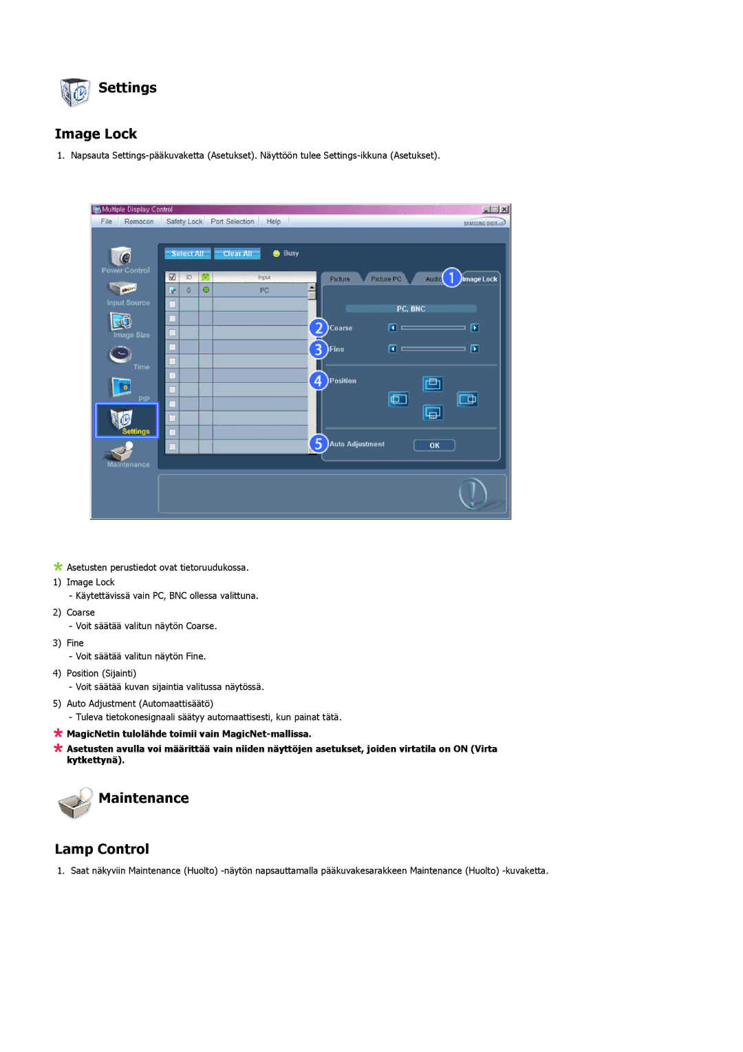 Samsung LS57BPPNS/EDC, LS57BPHNB/EDC, LS57BPHNS/EDC manual Settings Image Lock, Maintenance Lamp Control 