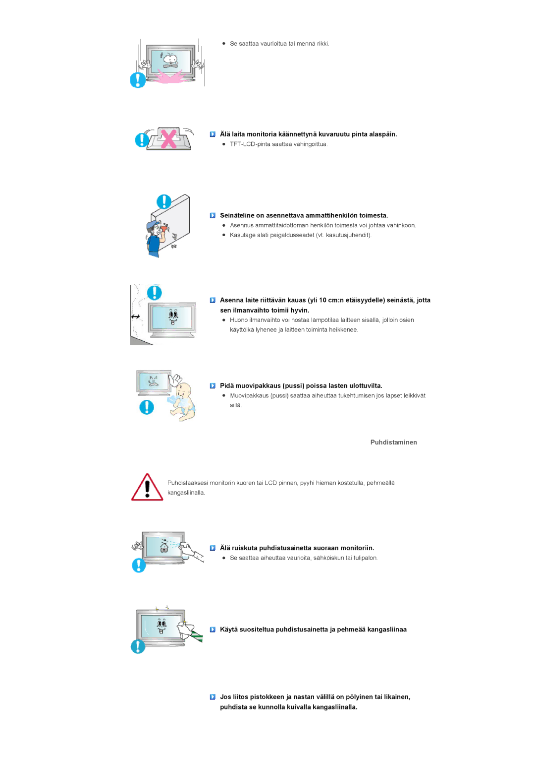 Samsung LS57BPPNS/EDC, LS57BPHNB/EDC, LS57BPHNS/EDC manual Seinäteline on asennettava ammattihenkilön toimesta, Puhdistaminen 