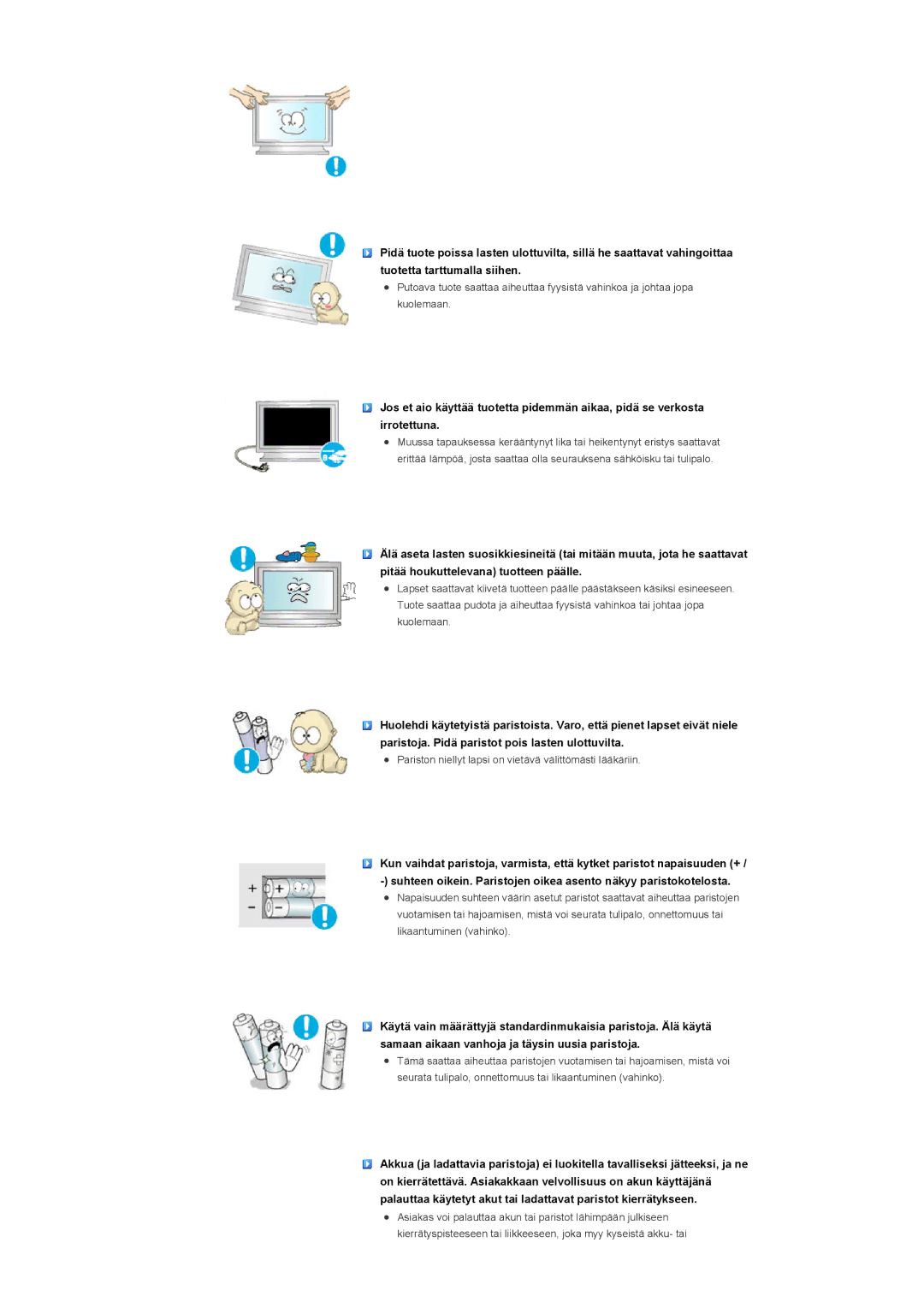 Samsung LS57BPHNB/EDC, LS57BPHNS/EDC, LS57BPPNS/EDC manual Pariston niellyt lapsi on vietävä välittömästi lääkäriin 