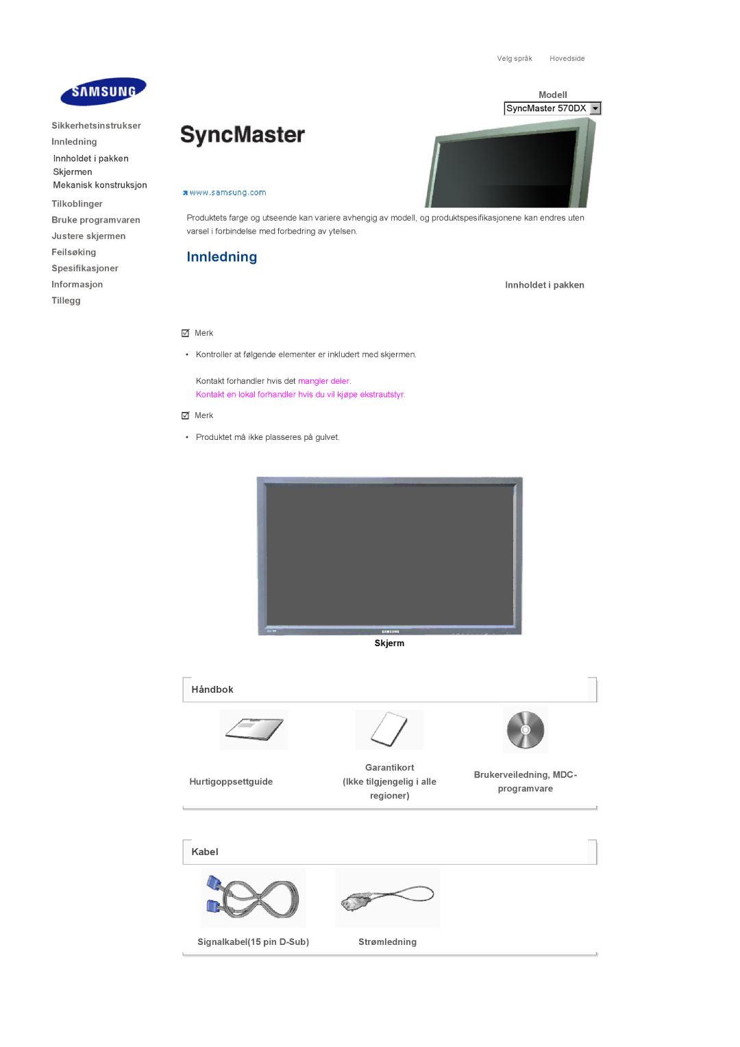 Samsung LS57BPPNS/EDC, LS57BPHNB/EDC, LS57BPHNS/EDC manual Innledning, Håndbok, Kabel 