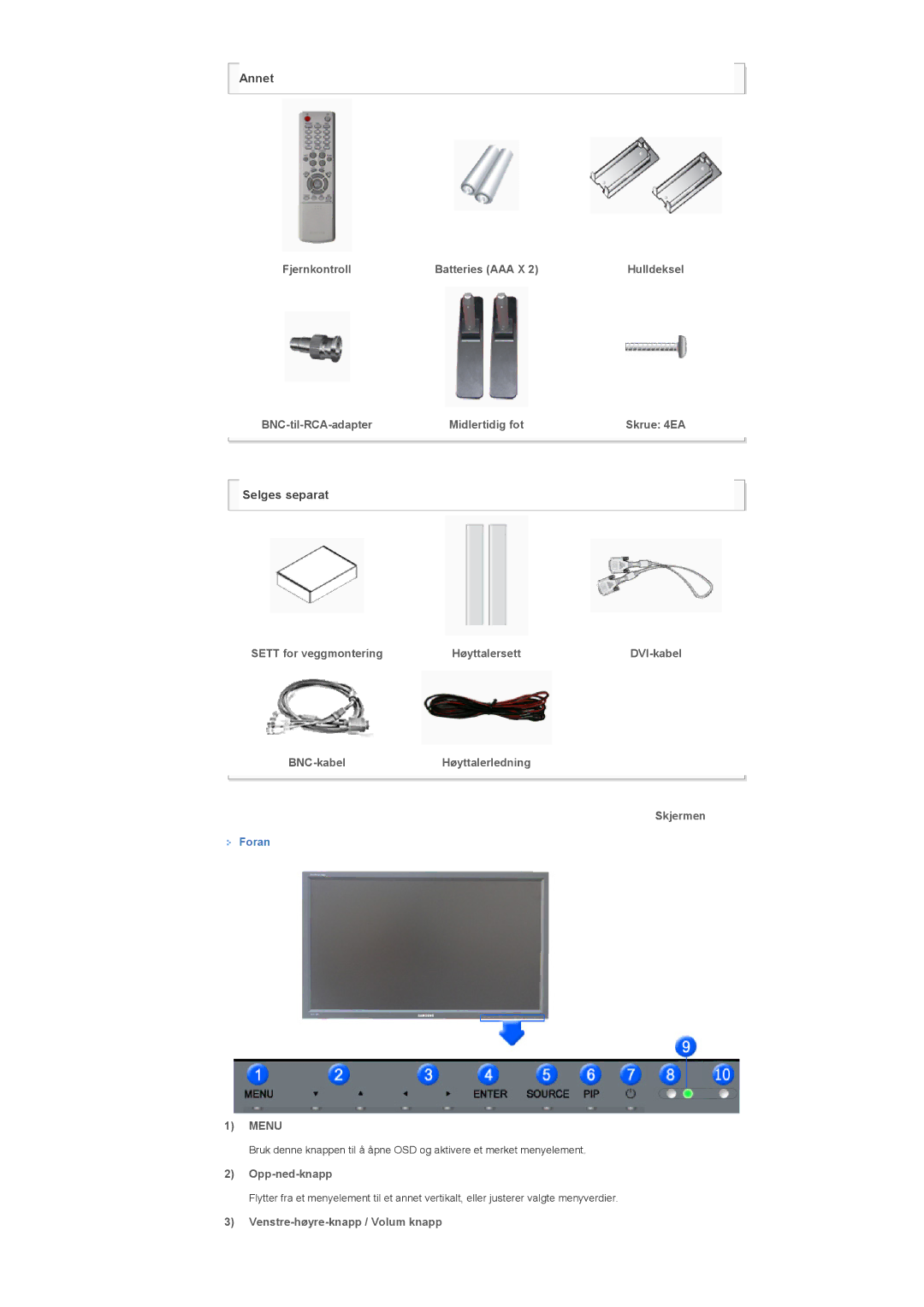 Samsung LS57BPHNB/EDC manual Fjernkontroll Batteries AAA X, BNC-til-RCA-adapter Midlertidig fot, DVI-kabel, Opp-ned-knapp 