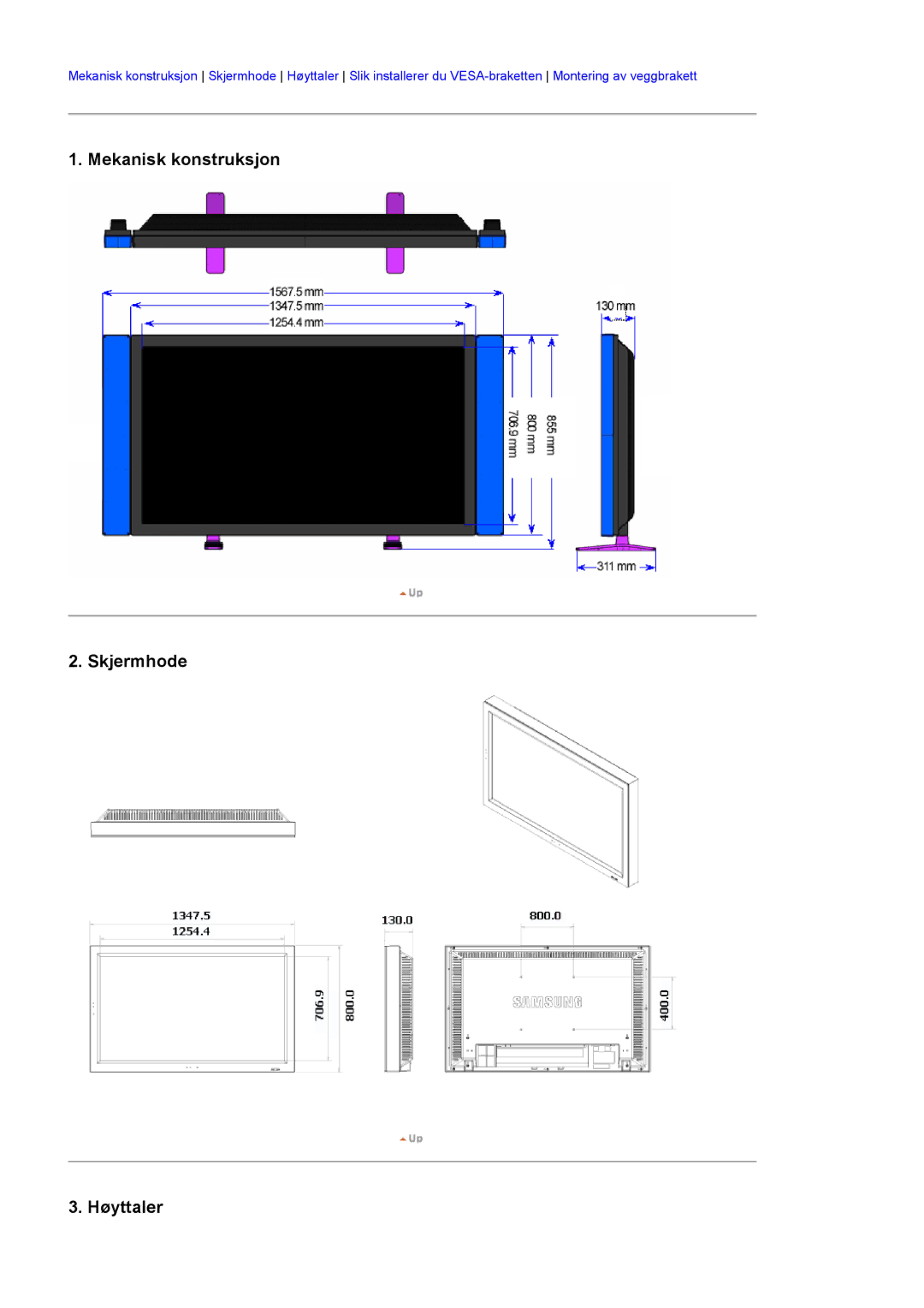 Samsung LS57BPHNS/EDC, LS57BPHNB/EDC, LS57BPPNS/EDC manual Mekanisk konstruksjon Skjermhode Høyttaler 