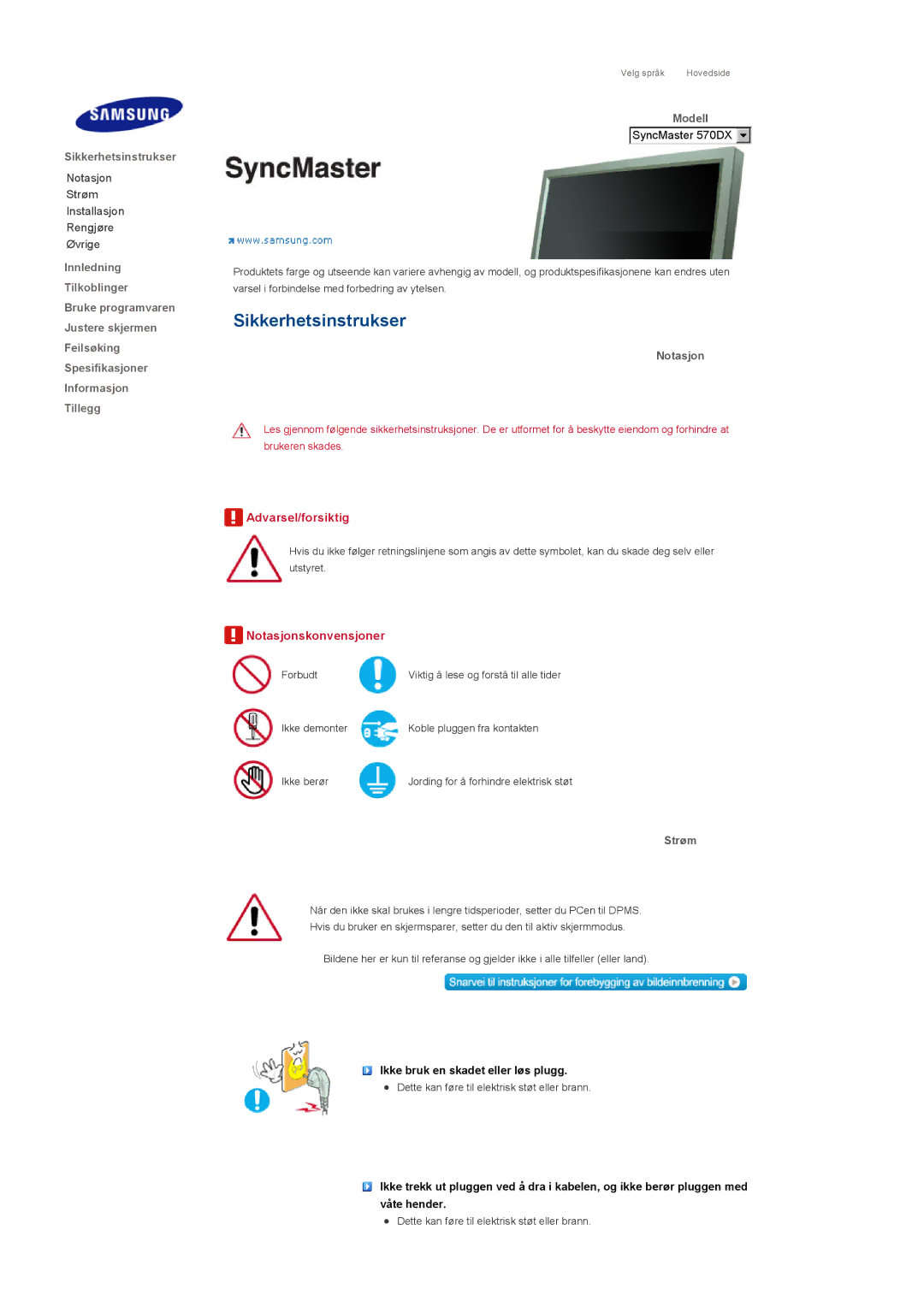 Samsung LS57BPPNS/EDC, LS57BPHNB/EDC, LS57BPHNS/EDC manual Sikkerhetsinstrukser, Modell, Notasjon, Strøm 