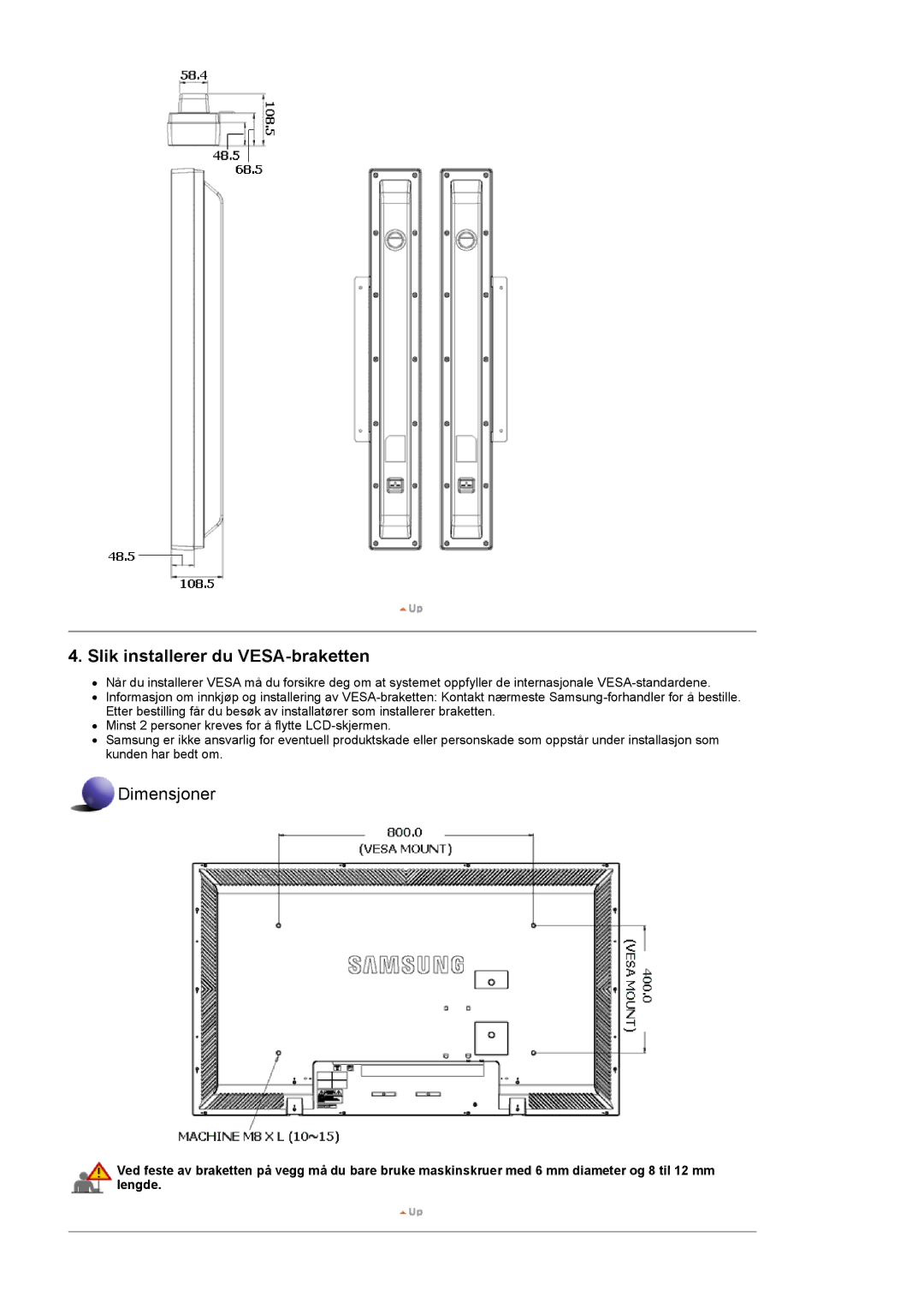 Samsung LS57BPPNS/EDC, LS57BPHNB/EDC, LS57BPHNS/EDC manual Slik installerer du VESA-braketten 