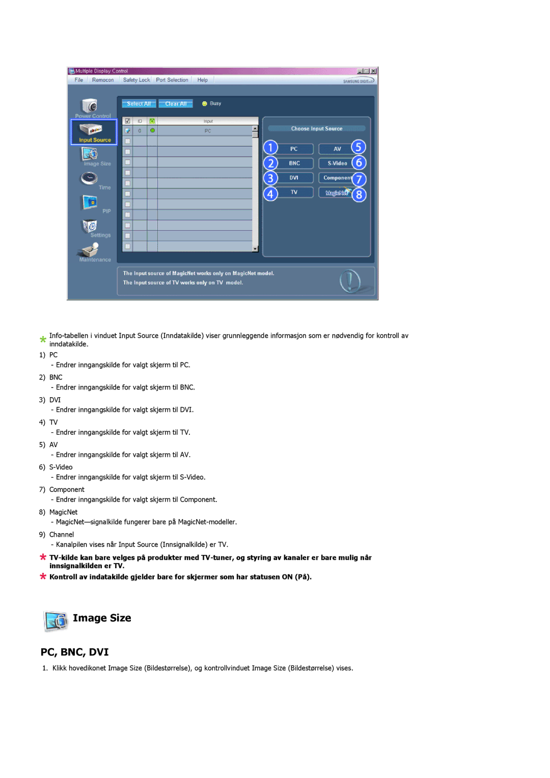 Samsung LS57BPHNB/EDC, LS57BPHNS/EDC, LS57BPPNS/EDC manual Image Size, Pc, Bnc, Dvi 