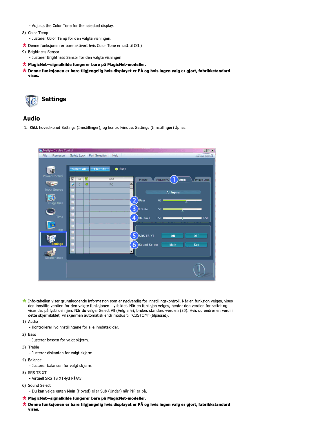 Samsung LS57BPPNS/EDC, LS57BPHNB/EDC, LS57BPHNS/EDC manual Settings Audio, Srs Ts Xt 