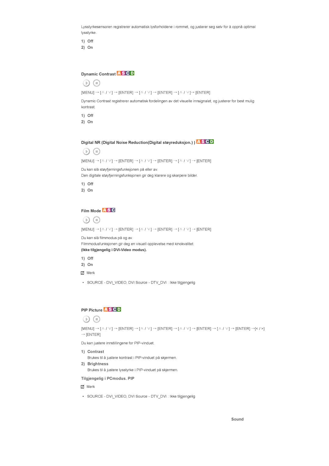 Samsung LS57BPHNB/EDC manual Dynamic Contrast, Digital NR Digital Noise ReductionDigital støyreduksjon, Film Mode, Sound 