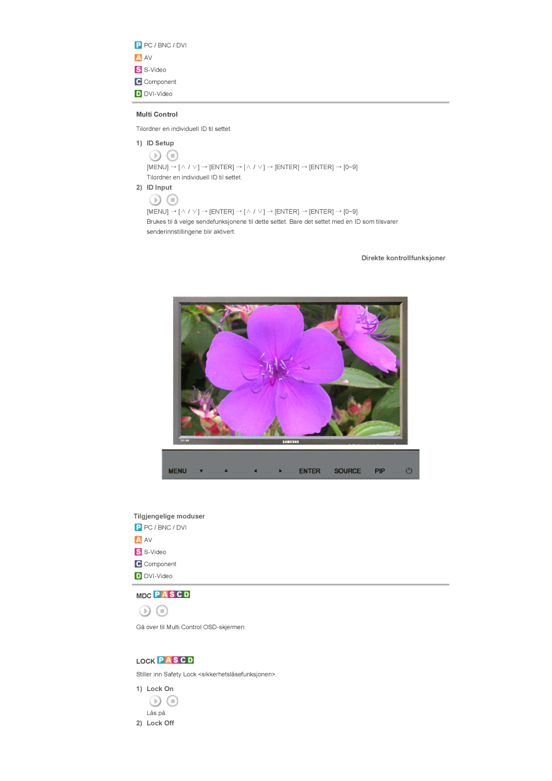 Samsung LS57BPHNS/EDC manual ID Setup, ID Input, Direkte kontrollfunksjoner Tilgjengelige moduser, Lock On, Lock Off 