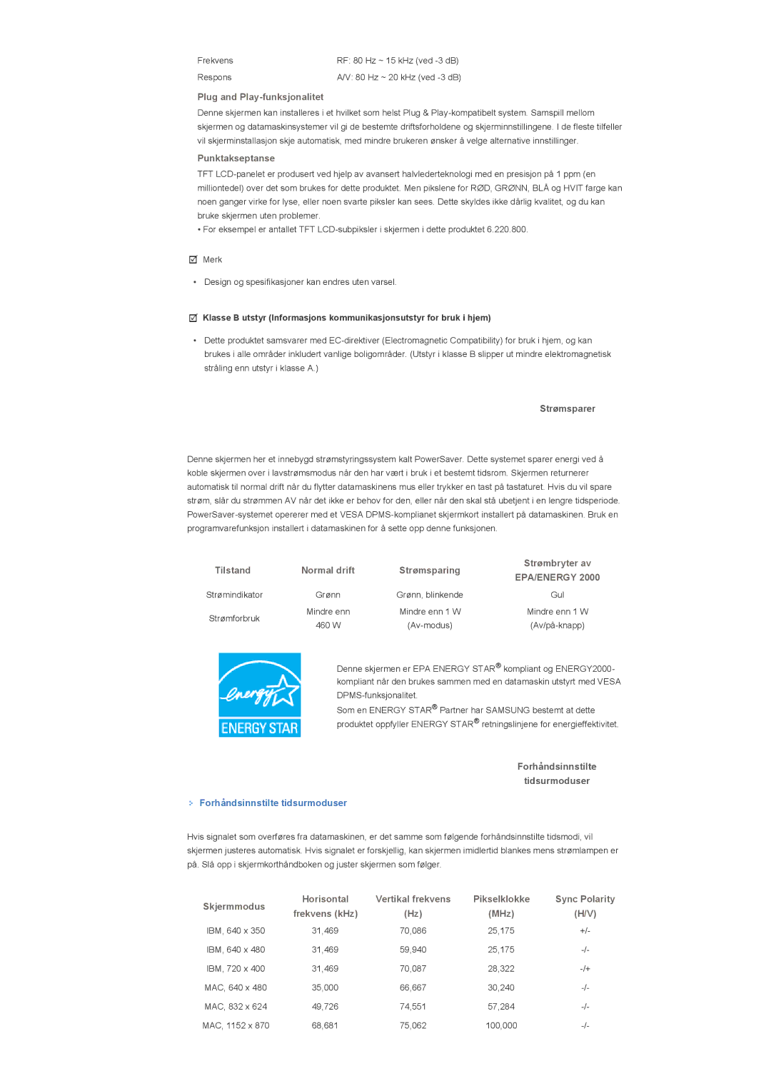 Samsung LS57BPPNS/EDC, LS57BPHNB/EDC manual Strømsparer, Forhåndsinnstilte Tidsurmoduser, Forhåndsinnstilte tidsurmoduser 