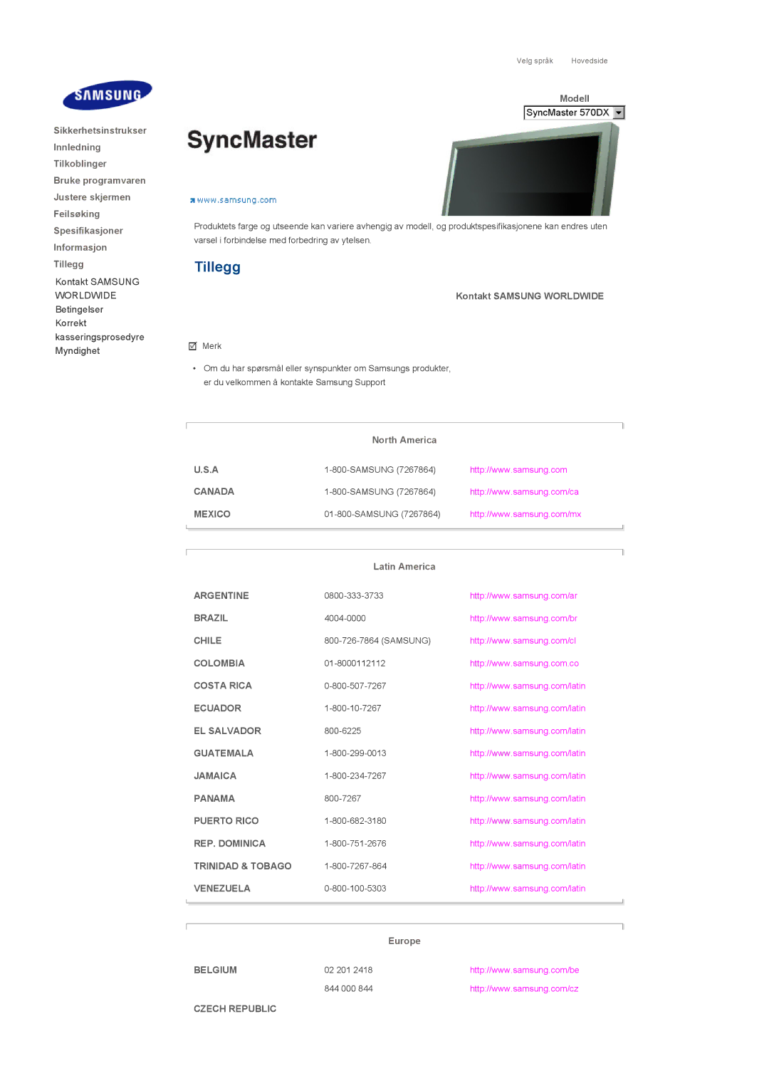 Samsung LS57BPPNS/EDC, LS57BPHNB/EDC, LS57BPHNS/EDC manual Tillegg, Kontakt Samsung Worldwide 