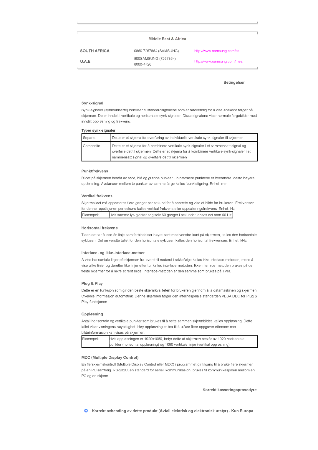 Samsung LS57BPHNS/EDC manual Betingelser Synk-signal, Punktfrekvens, Vertikal frekvens, Horisontal frekvens, Plug & Play 