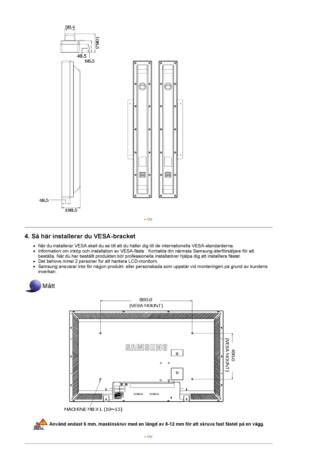 Samsung LS57BPPNS/EDC, LS57BPHNB/EDC, LS57BPHNS/EDC manual Så här installerar du VESA-bracket 