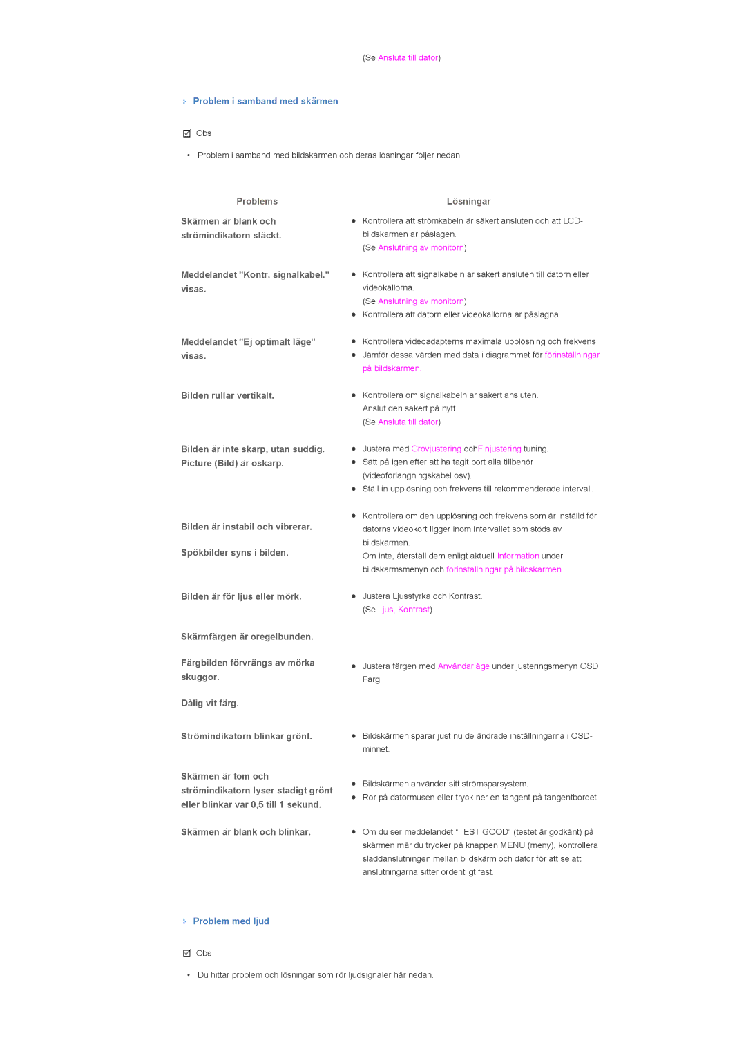 Samsung LS57BPPNS/EDC, LS57BPHNB/EDC manual Problem i samband med skärmen, Skärmen är blank och blinkar, Problem med ljud 