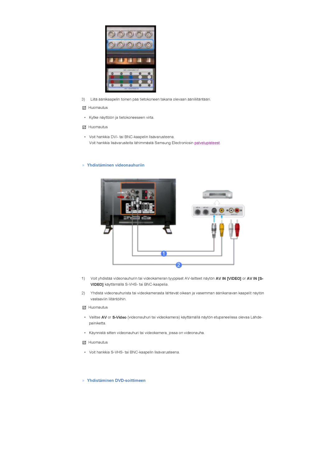 Samsung LS57BPHNB/EDC, LS57BPHNS/EDC, LS57BPPNS/EDC manual Yhdistäminen videonauhuriin, Yhdistäminen DVD-soittimeen 