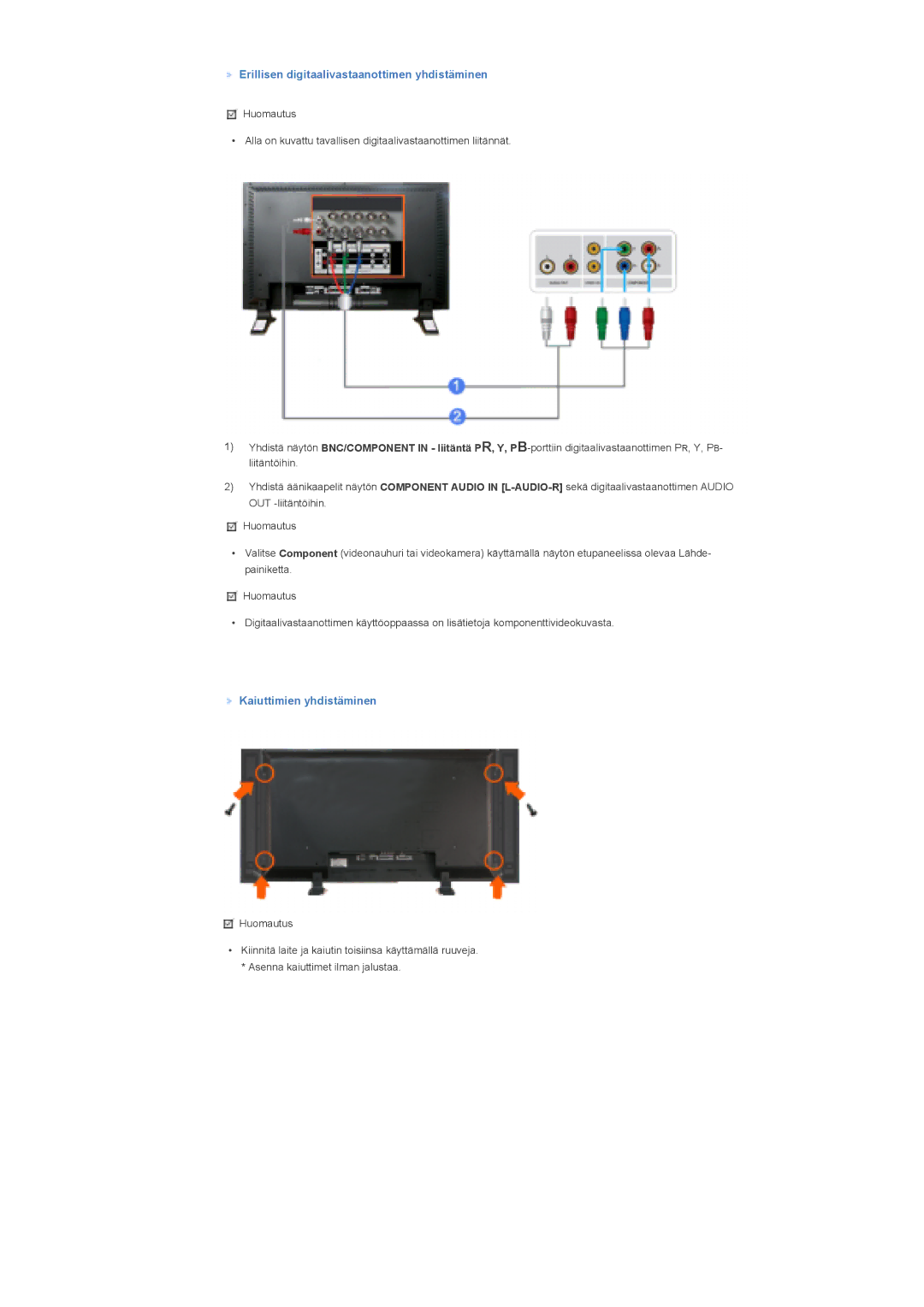 Samsung LS57BPPNS/EDC, LS57BPHNB/EDC manual Erillisen digitaalivastaanottimen yhdistäminen, Kaiuttimien yhdistäminen 