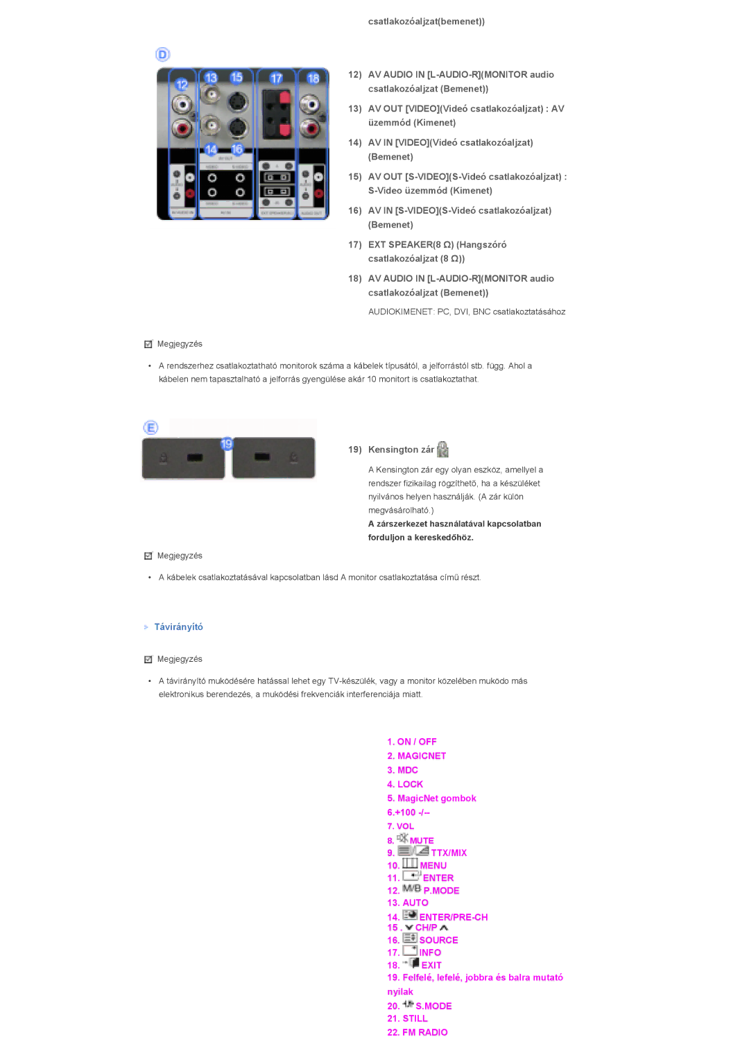 Samsung LS57BPHNB/EDC, LS57BPHNS/EDC, LS57BPPNS/EDC manual Kensington zár, Távirányító 