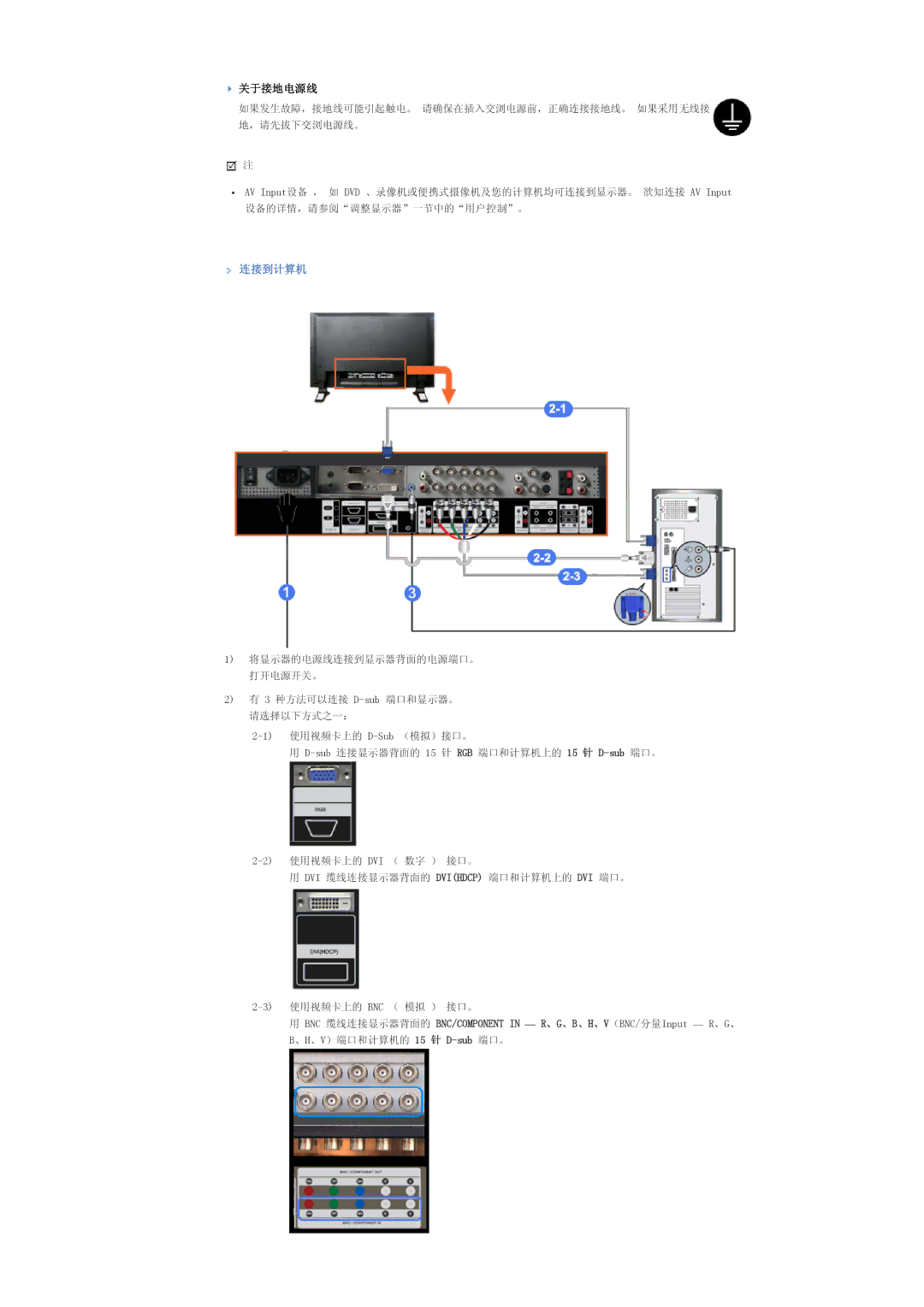 Samsung LS57BPHNS/EDC, LS57BPHNB/EDC, LS57BPPNS/EDC manual 关于接地电源线, 连接到计算机 