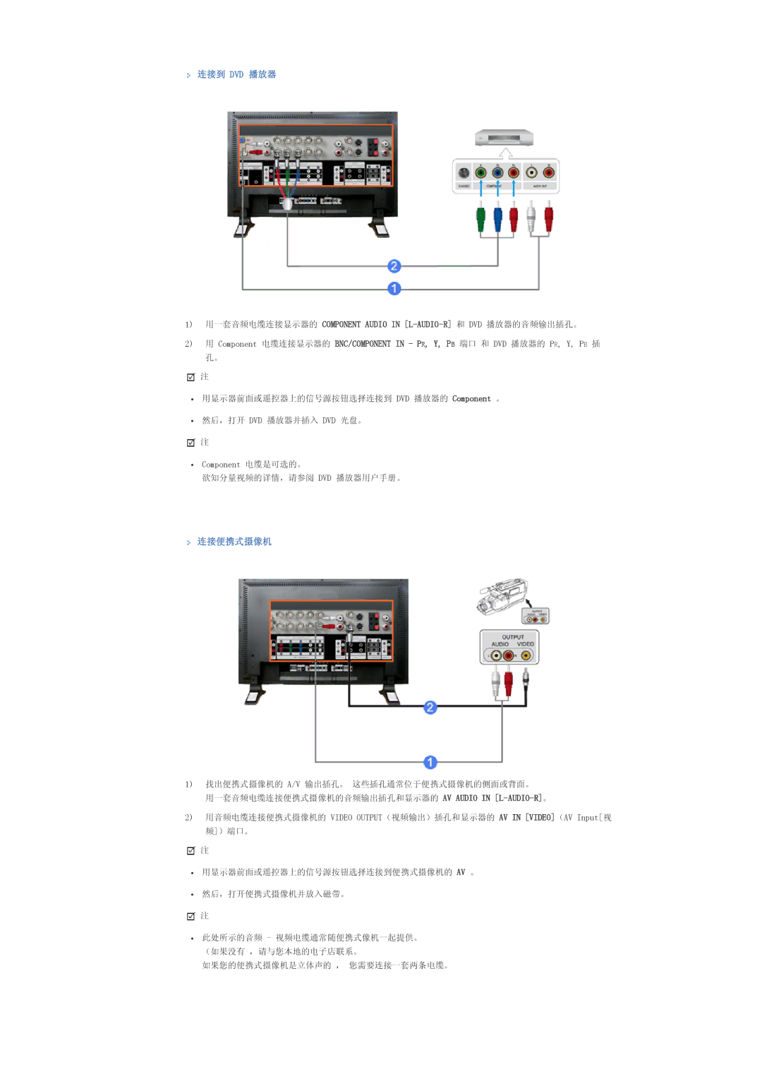 Samsung LS57BPHNB/EDC, LS57BPHNS/EDC, LS57BPPNS/EDC manual 连接到 Dvd 播放器, 连接便携式摄像机 