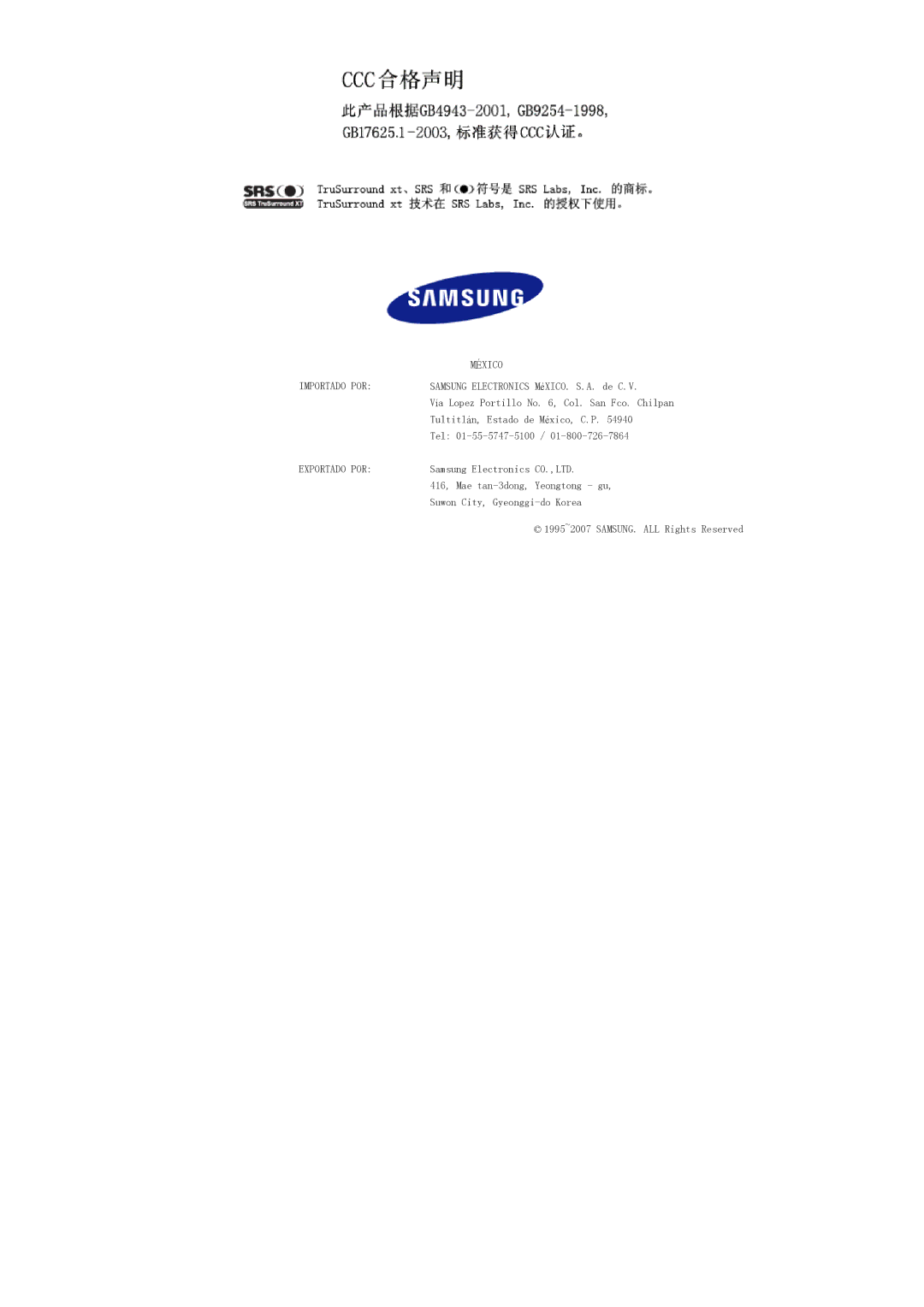 Samsung LS57BPPNS/EDC, LS57BPHNB/EDC, LS57BPHNS/EDC manual Éxico 