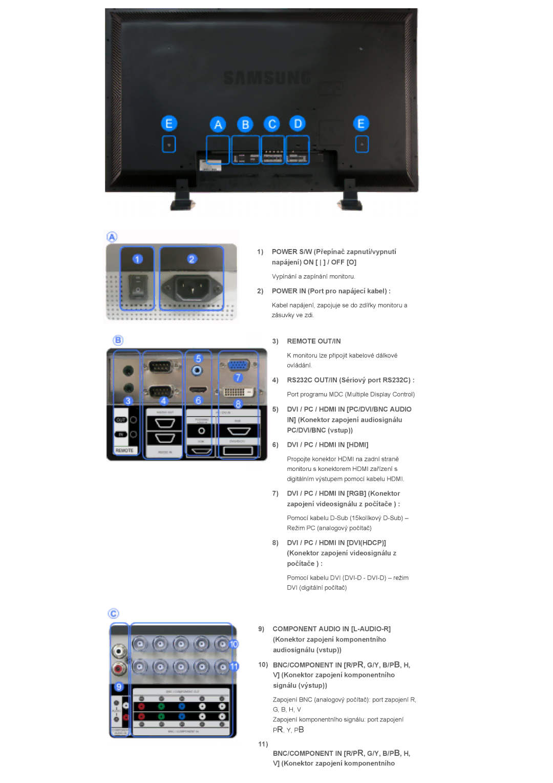 Samsung LS57BPHNS/EDC, LS57BPHNB/EDC Power in Port pro napájecí kabel, Remote OUT/IN, RS232C OUT/IN Sériový port RS232C 