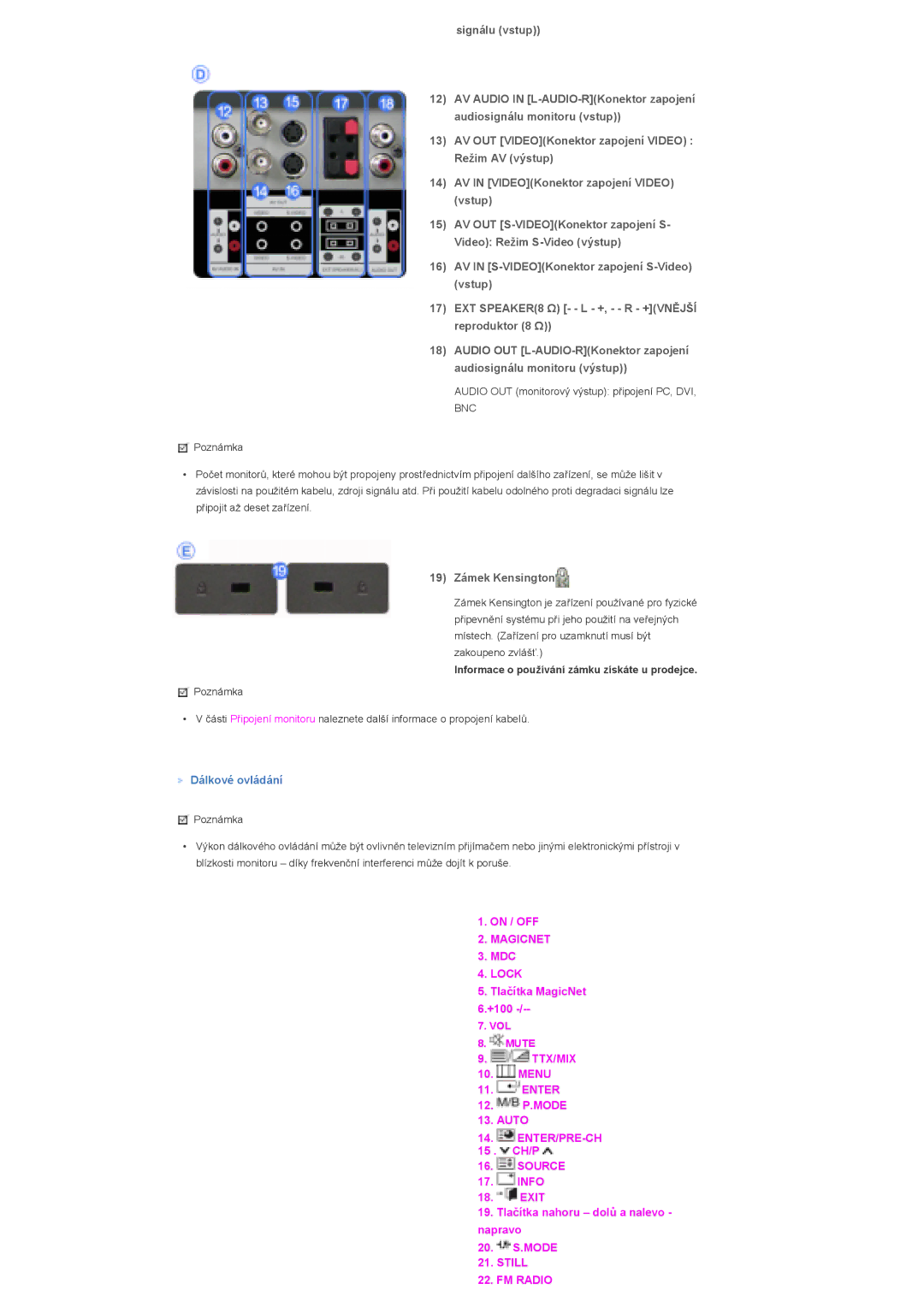 Samsung LS57BPHNB/EDC, LS57BPHNS/EDC manual 19 Zámek Kensington, Dálkové ovládání 