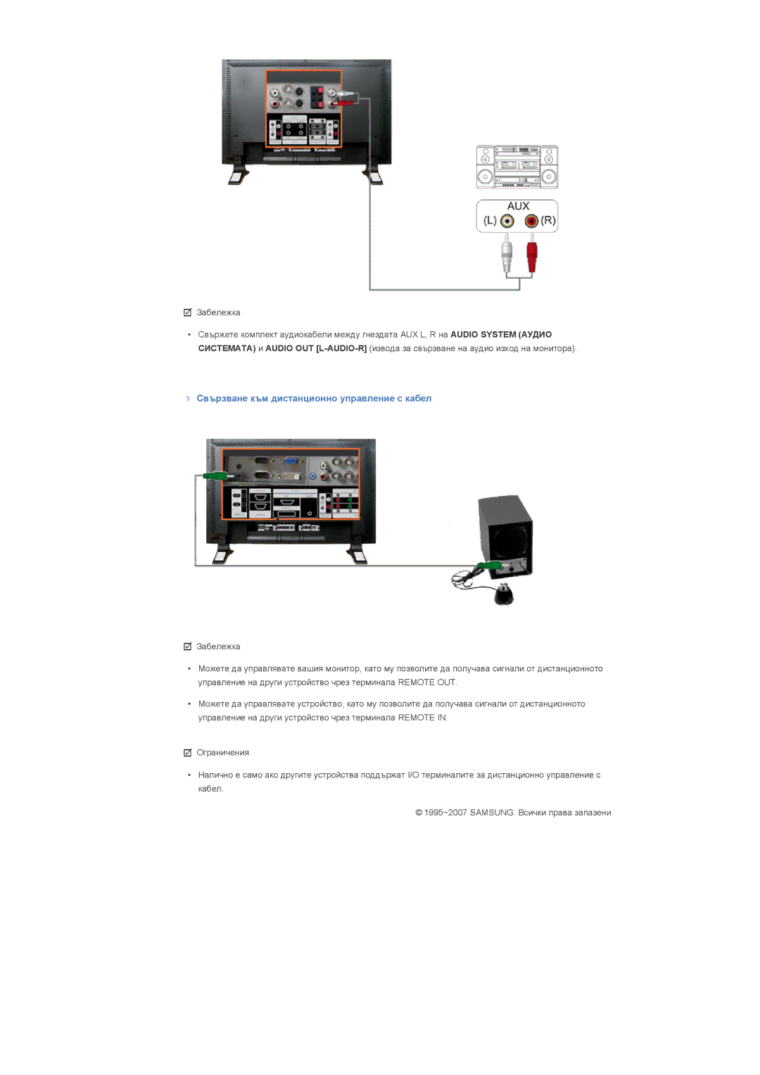 Samsung LS57BPHNS/EDC manual Свързване към дистанционно управление с кабел 