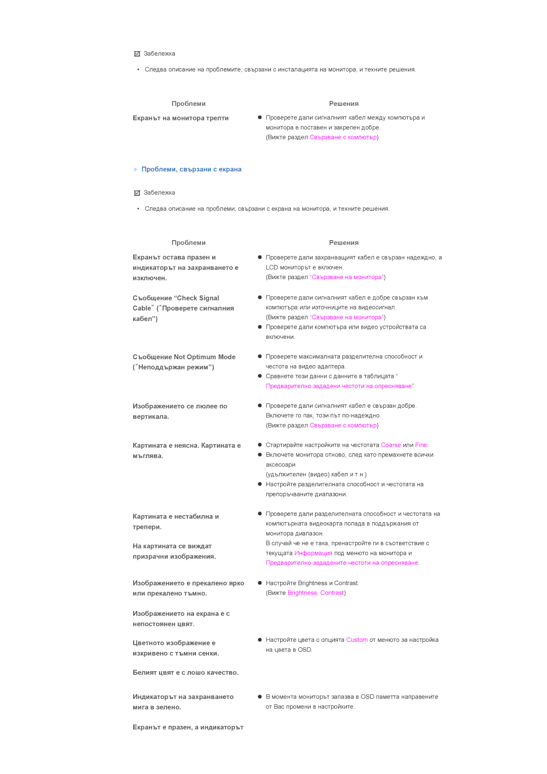 Samsung LS57BPHNS/EDC manual Екранът на монитора трепти, Проблеми, свързани с екрана, Екранът е празен, а индикаторът 