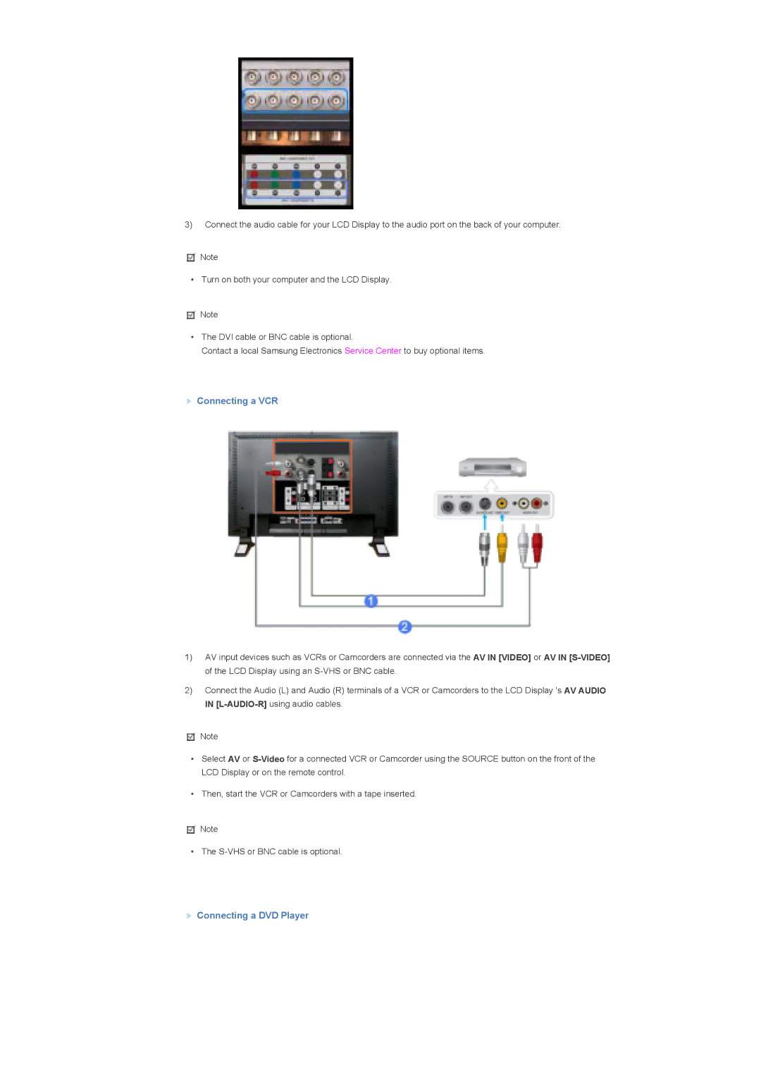 Samsung LS57BPHNBF/EDC, LS57BPHNS/XSJ, LS57BPPNS/XSJ, LS57BPHNB/EDC, LS57BPHNS/EDC Connecting a VCR, Connecting a DVD Player 