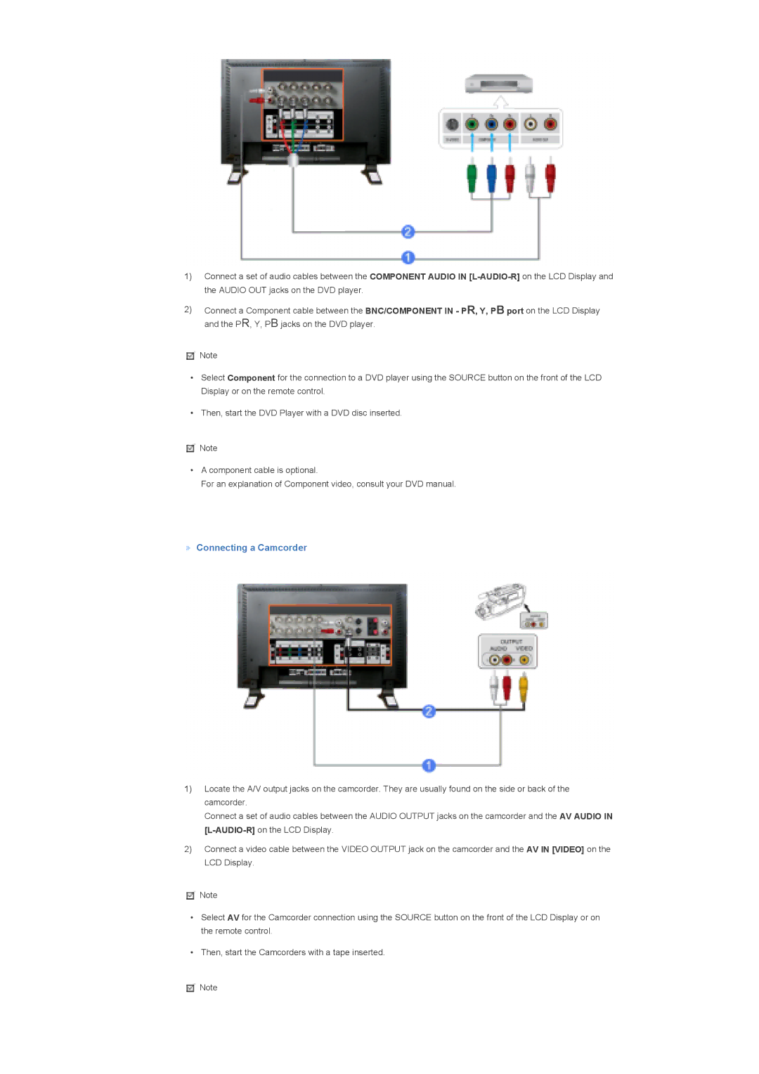 Samsung LS57BPPNBF/EDC, LS57BPHNS/XSJ, LS57BPPNS/XSJ, LS57BPHNB/EDC, LS57BPHNS/EDC, LS57BPPNS/EDC manual Connecting a Camcorder 