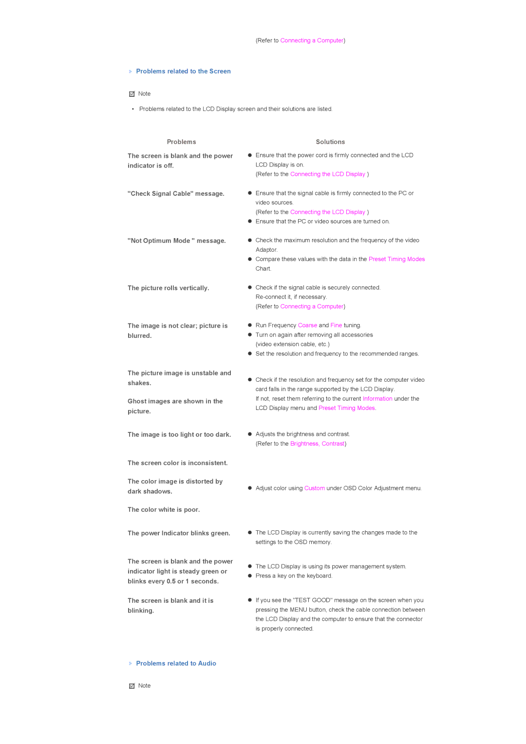 Samsung LS57BPPNBF/EDC manual Problems related to the Screen, Screen is blank and it is blinking, Problems related to Audio 