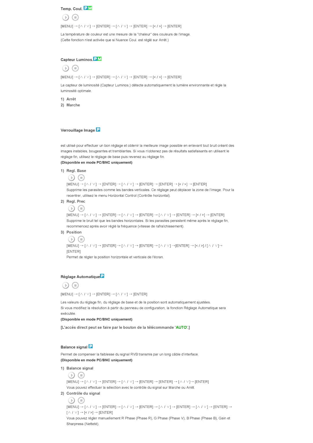 Samsung LS57BPTNB/EDC, LS57BPTNS/EDC manual Arrêt Marche, Regl. Base, Regl. Prec, Balance signal, Contrôle du signal 