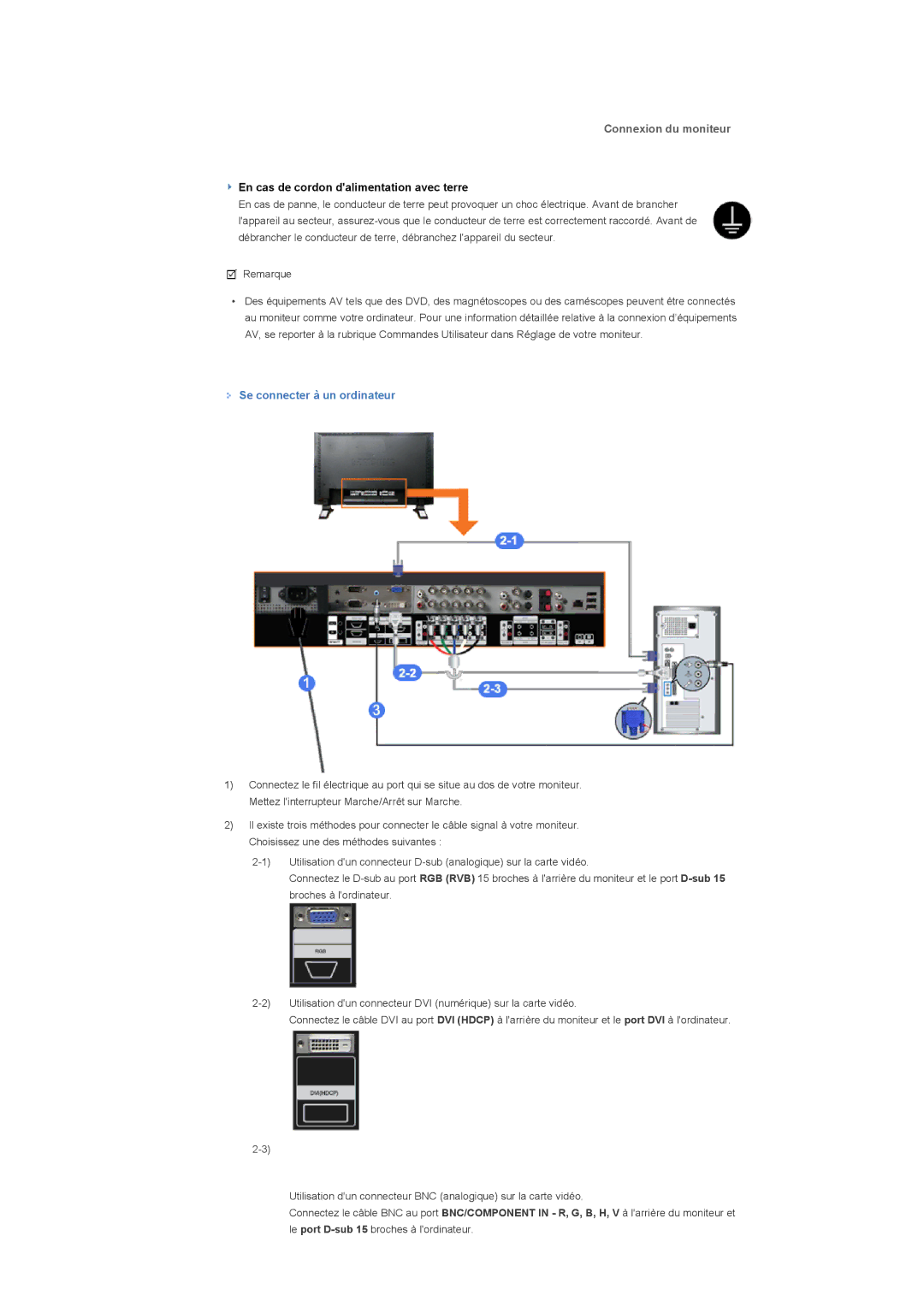 Samsung LS57BPTNS/EDC, LS57BPTNB/EDC, LS57BPTNBF/EDC manual Connexion du moniteur, Se connecter à un ordinateur 