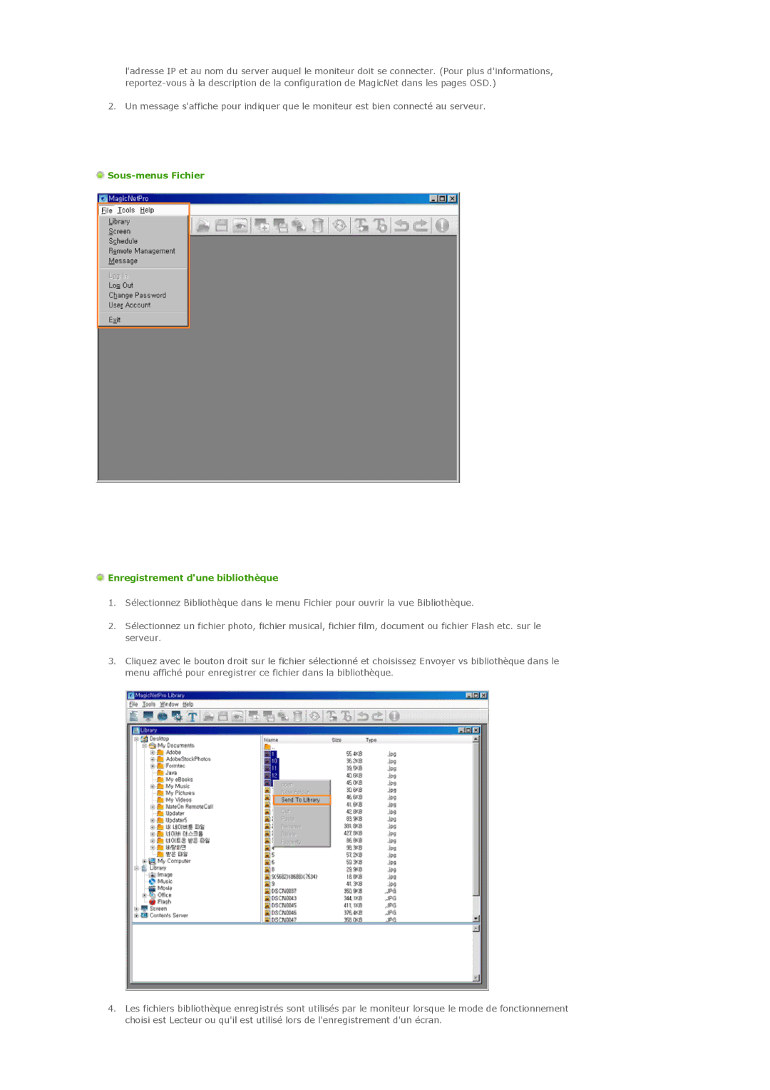 Samsung LS57BPTNB/EDC, LS57BPTNS/EDC, LS57BPTNBF/EDC manual Sous-menus Fichier Enregistrement dune bibliothèque 