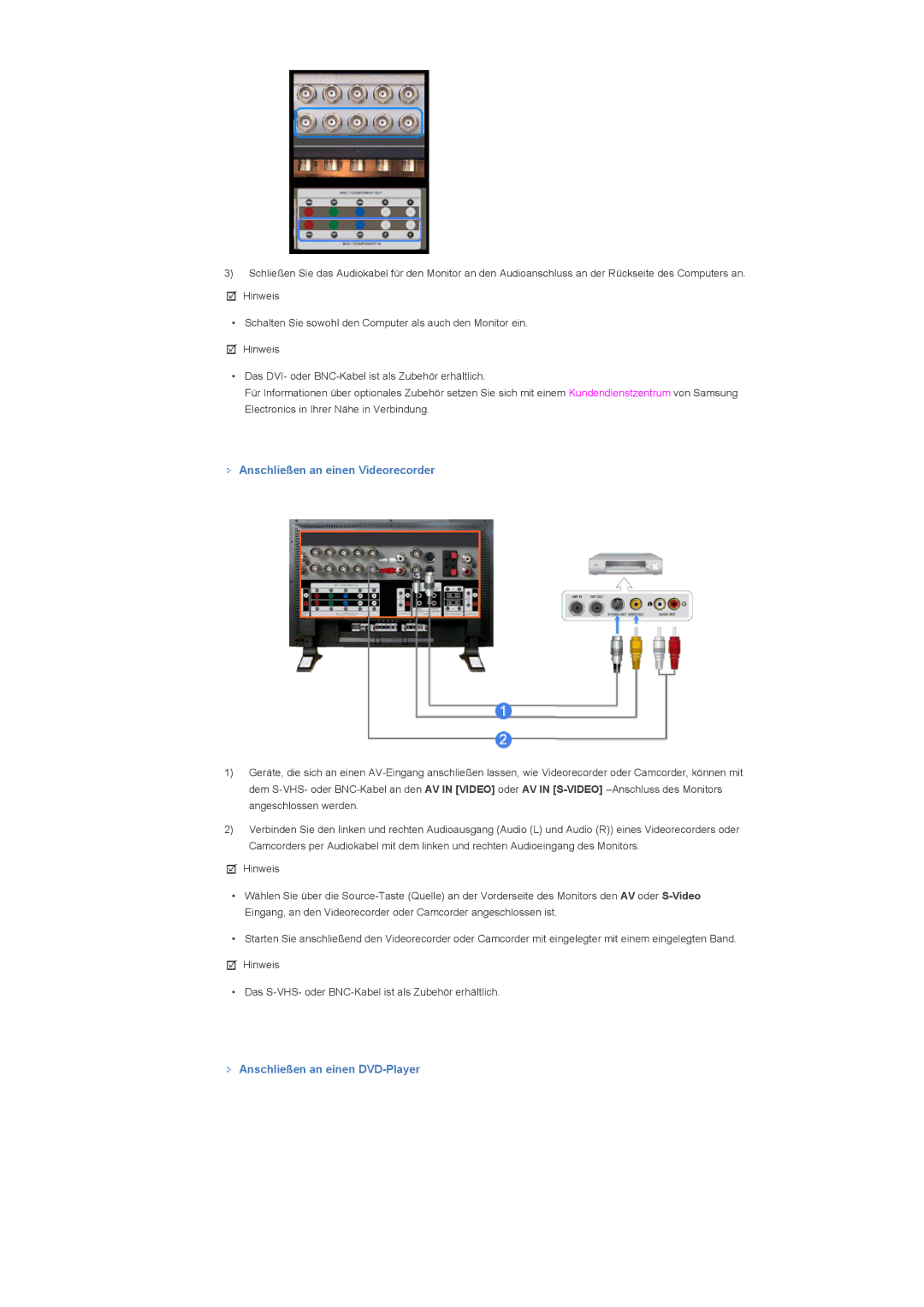 Samsung LS57BPTNS/EDC, LS57BPTNB/EDC manual Anschließen an einen Videorecorder, Anschließen an einen DVD-Player 