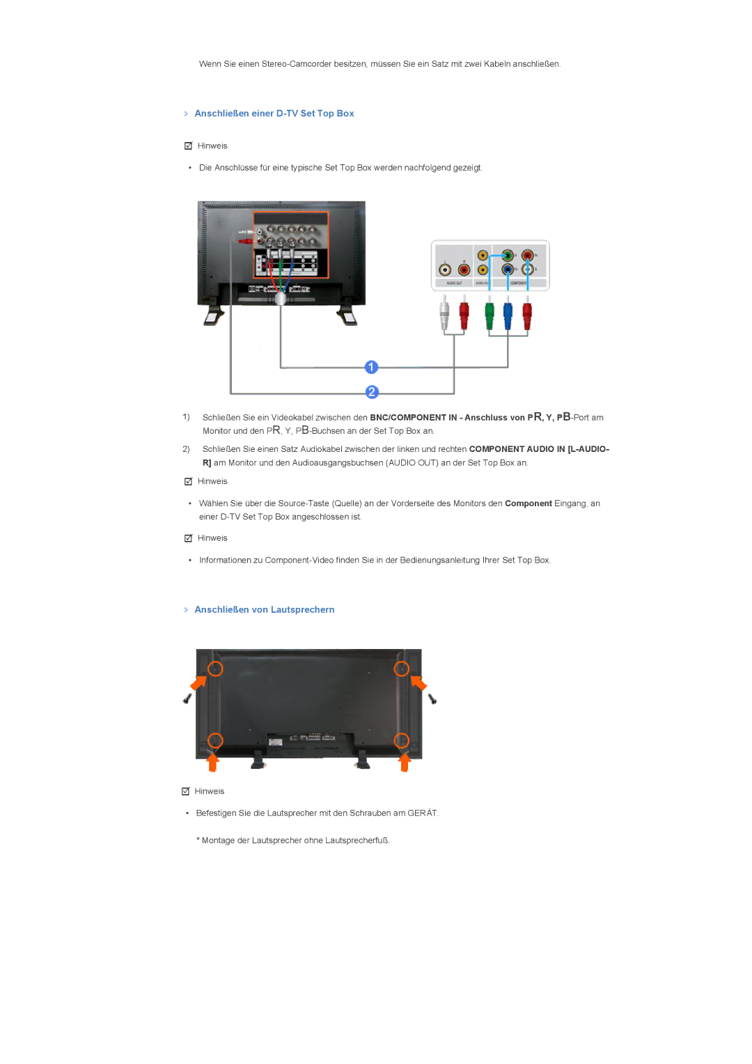 Samsung LS57BPTNS/EDC, LS57BPTNB/EDC manual Anschließen einer D-TV Set Top Box, Anschließen von Lautsprechern 