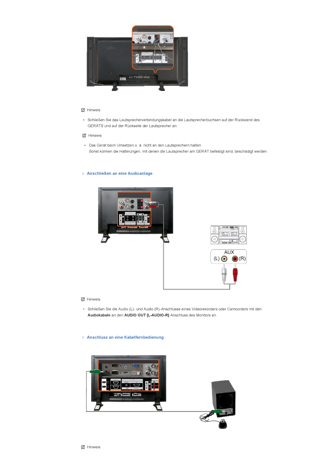 Samsung LS57BPTNB/EDC, LS57BPTNS/EDC manual Anschließen an eine Audioanlage, Anschluss an eine Kabelfernbedienung 