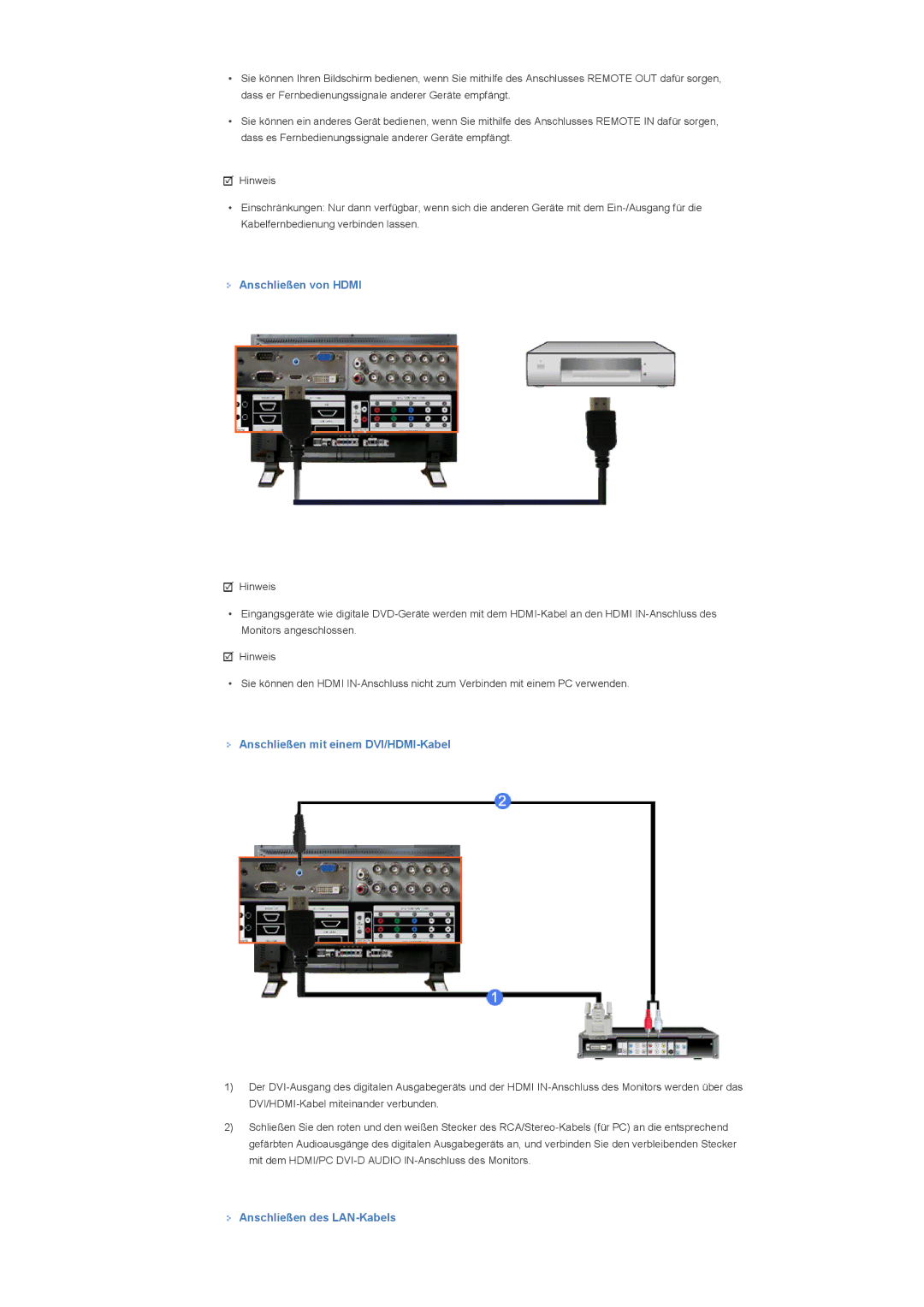 Samsung LS57BPTNS/EDC manual Anschließen von Hdmi, Anschließen mit einem DVI/HDMI-Kabel, Anschließen des LAN-Kabels 