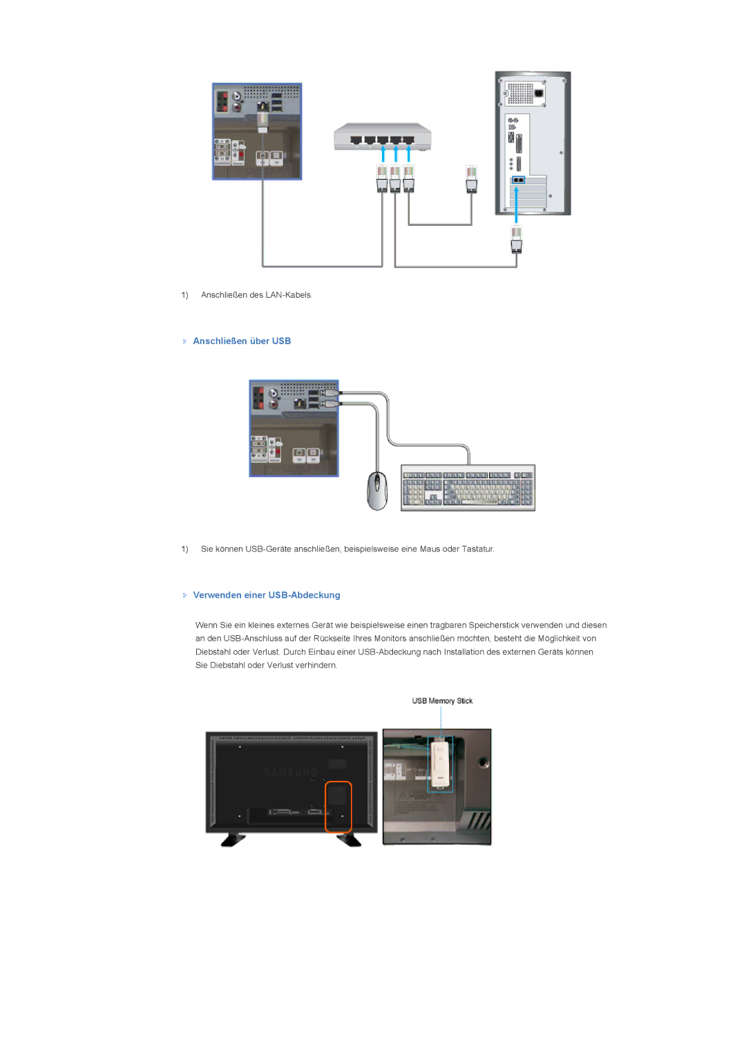 Samsung LS57BPTNB/EDC, LS57BPTNS/EDC manual Anschließen über USB, Verwenden einer USB-Abdeckung 