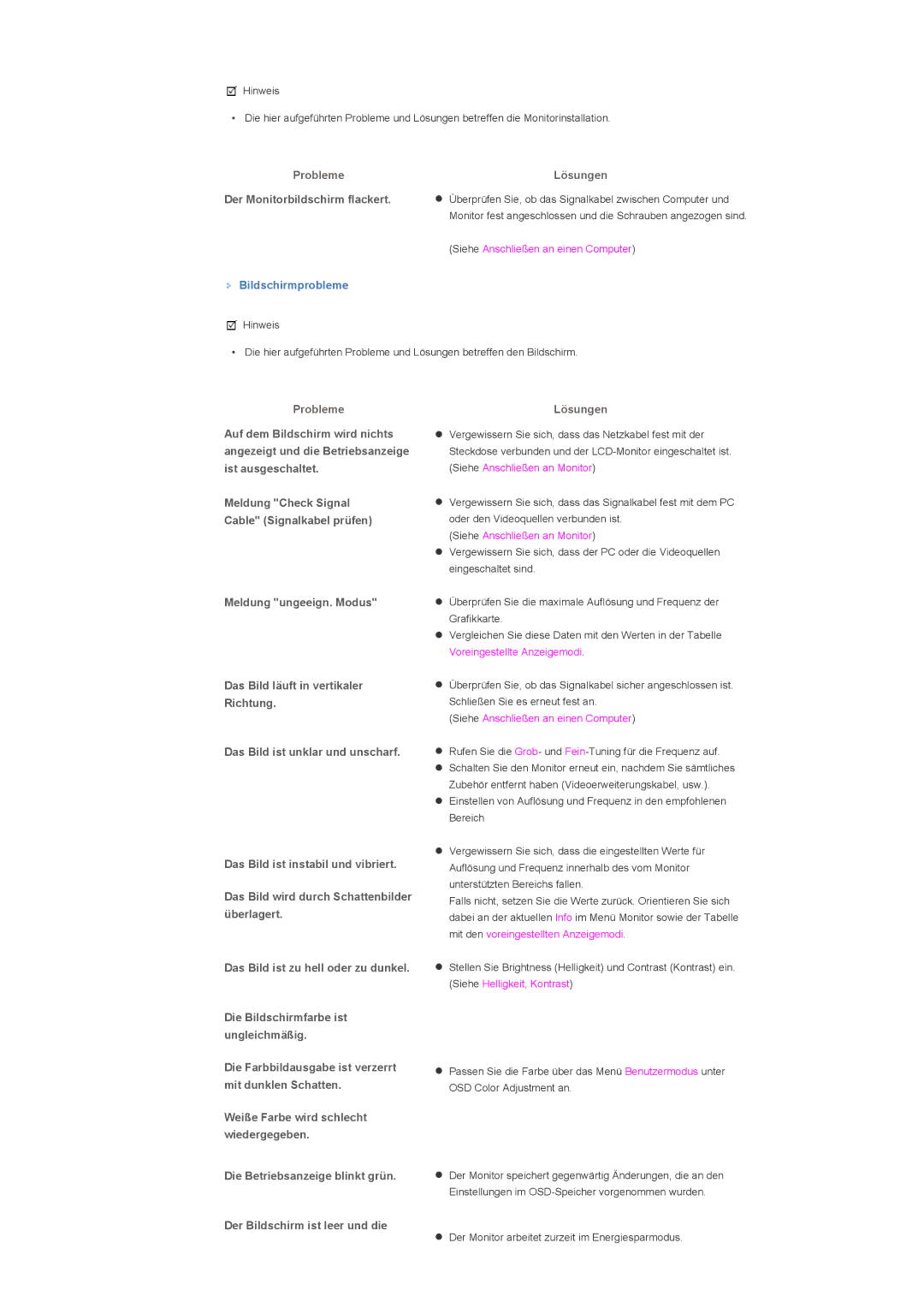 Samsung LS57BPTNS/EDC, LS57BPTNB/EDC manual Probleme, Bildschirmprobleme 