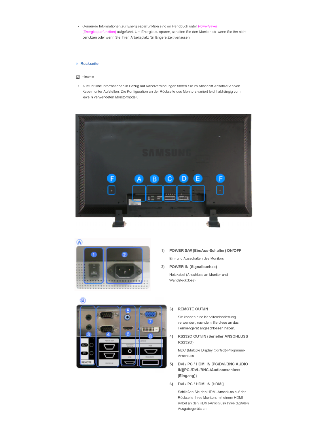 Samsung LS57BPTNB/EDC Power S/W Ein/Aus-Schalter ON/OFF, Power in Signalbuchse, Remote OUT/IN, DVI / PC / Hdmi in Hdmi 