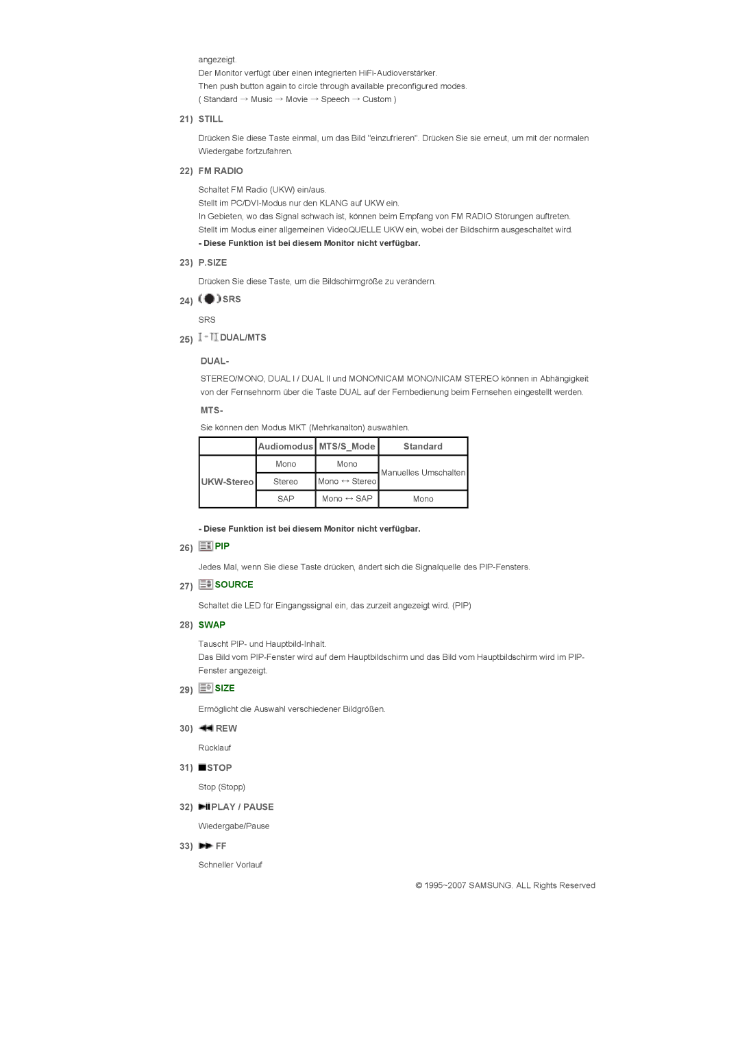 Samsung LS57BPTNB/EDC, LS57BPTNS/EDC manual Still, FM Radio, DUAL/MTS Dual, Mts, Play / Pause 