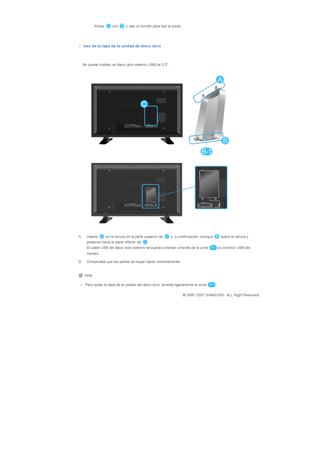 Samsung LS57BPTNB/EDC, LS57BPTNS/EDC manual Uso de la tapa de la unidad de disco duro 