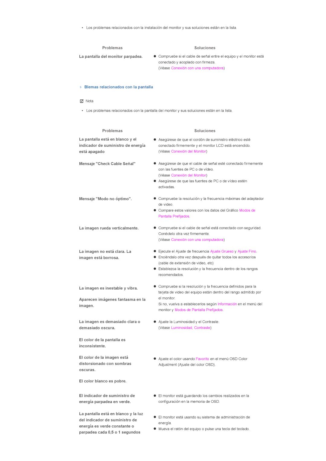 Samsung LS57BPTNS/EDC manual Problemas Soluciones, La pantalla del monitor parpadea, Blemas relacionados con la pantalla 