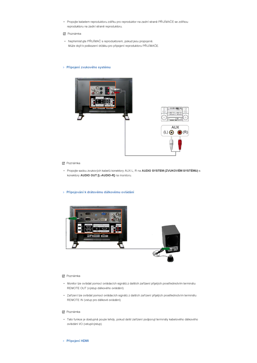 Samsung LS57BPTNB/EDC manual Připojení zvukového systému, Připojování k drátovému dálkovému ovládání, Připojení Hdmi 