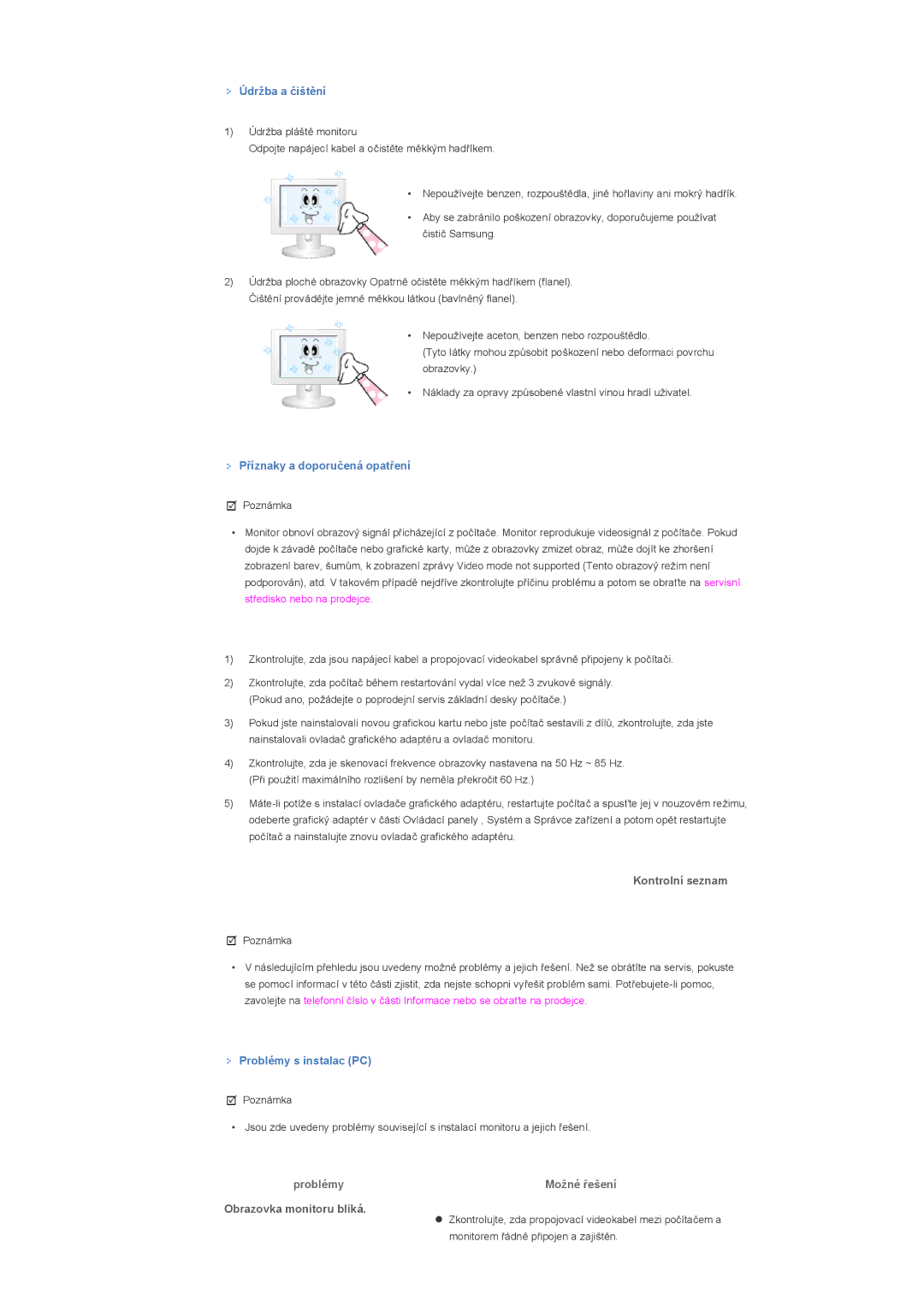 Samsung LS57BPTNB/EDC, LS57BPTNS/EDC manual Kontrolní seznam, Problémy, Obrazovka monitoru bliká 