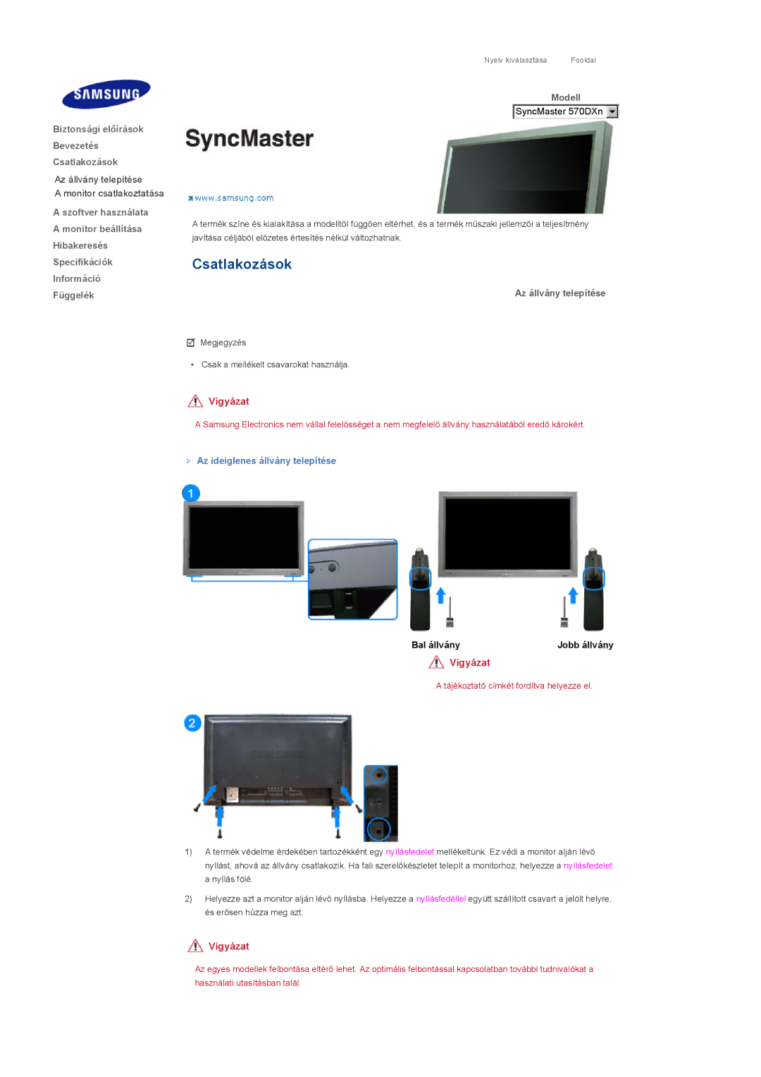 Samsung LS57BPTNS/EDC, LS57BPTNB/EDC manual Az állvány telepítése, Az ideiglenes állvány telepítése 